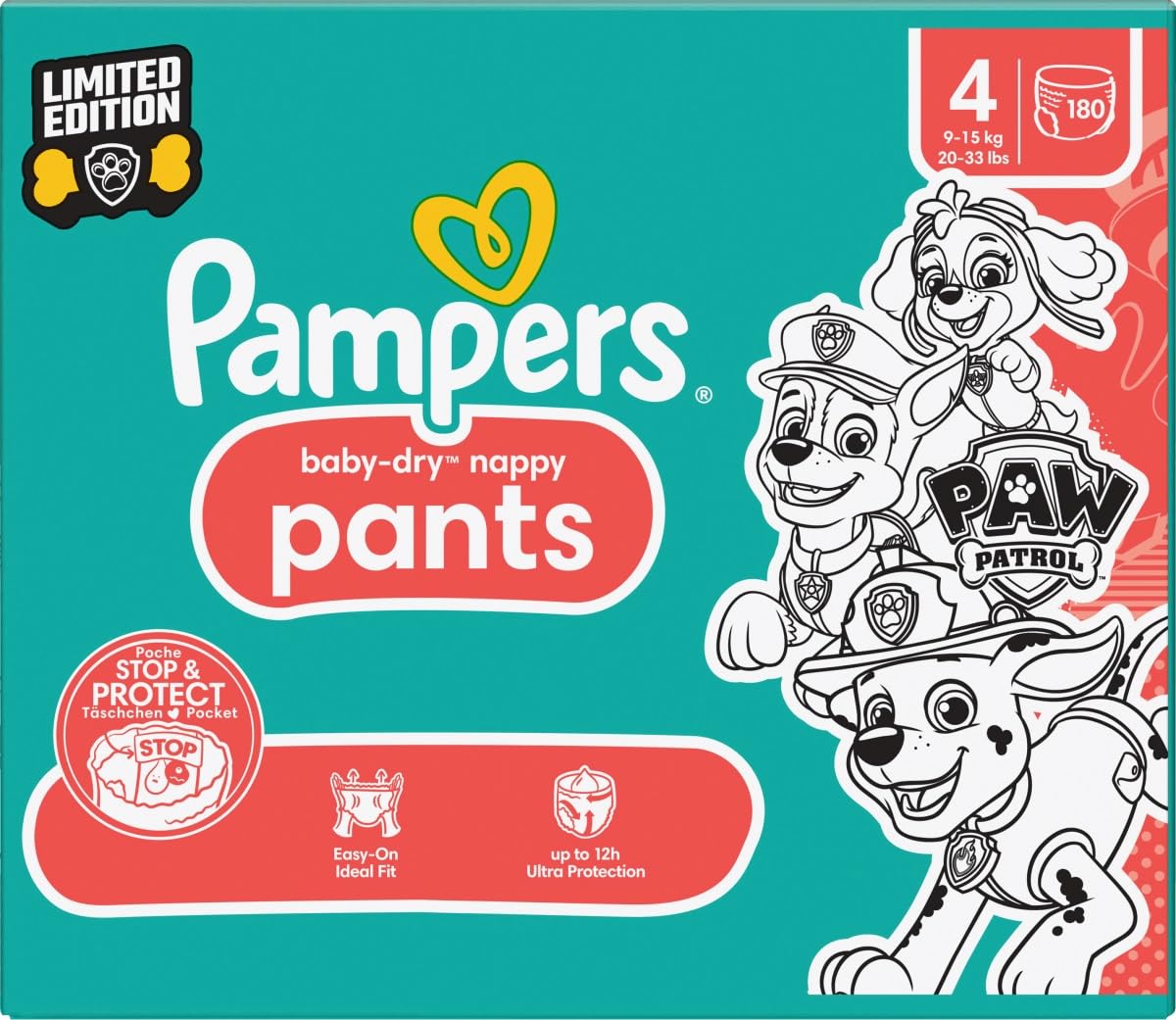 Pampers Baby-Dry Psi Patrol Pieluchy, Rozmiar 4/180 sztuk