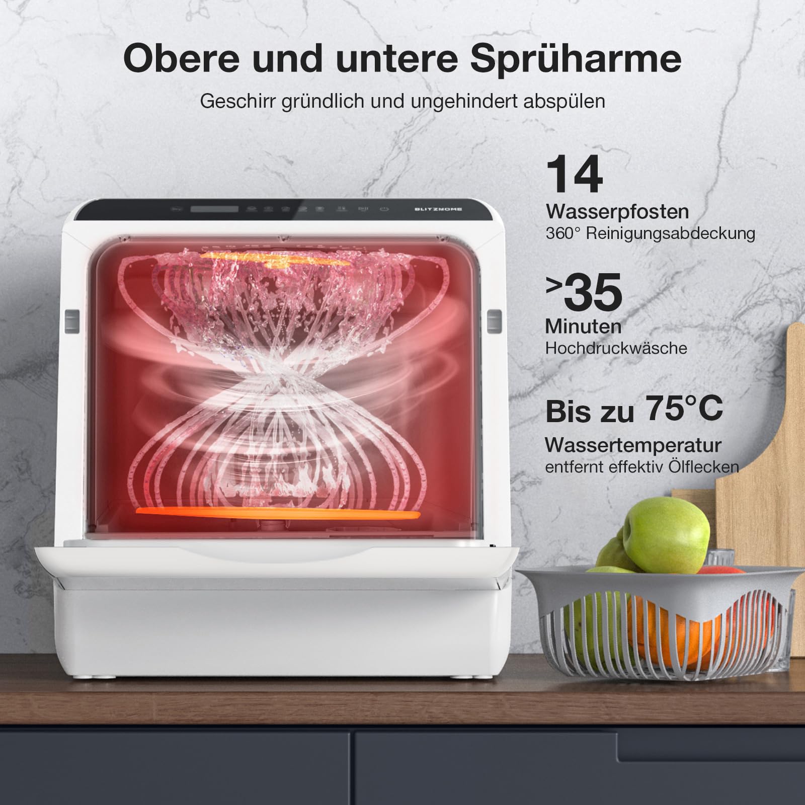 BLITZHOME Mini Spülmaschine, 6 Programme Tragbarer Tischgeschirrspüler mit 5L Wassertank, App Steuerung, Trockenfunktion