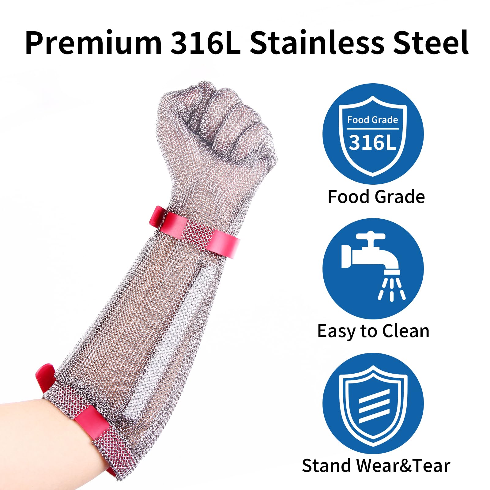 Guantes de acero inoxidable resistentes a cortes, 20 cm de longitud, con muñequera de plástico, alto nivel de protección (L)
