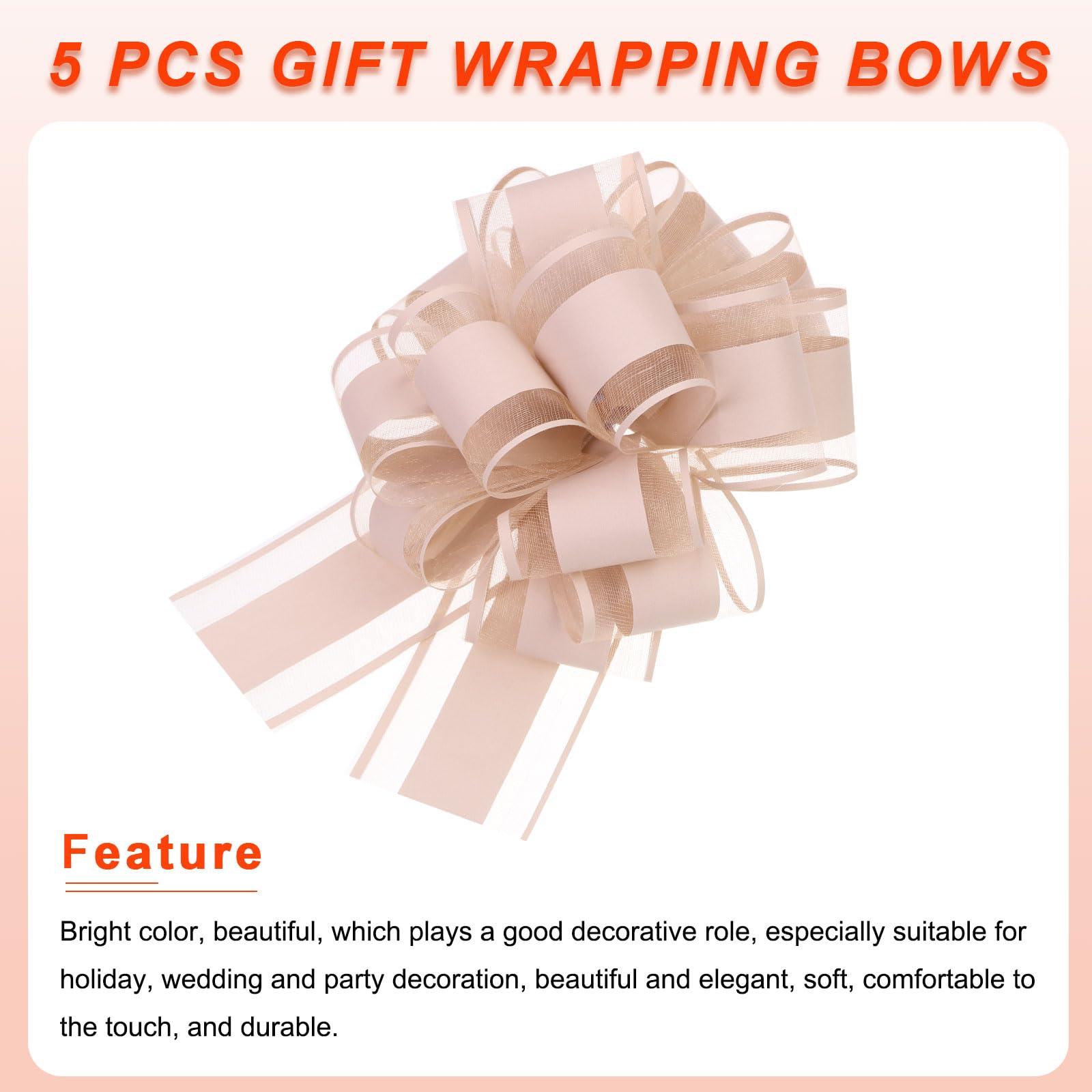 Uxcell 5pcs 6 Inch Large Big Pull Bow Organza Gift Wrapping Ribbon for Wedding Car Baskets, Presents, Christmas, Pale Pink - Image 4