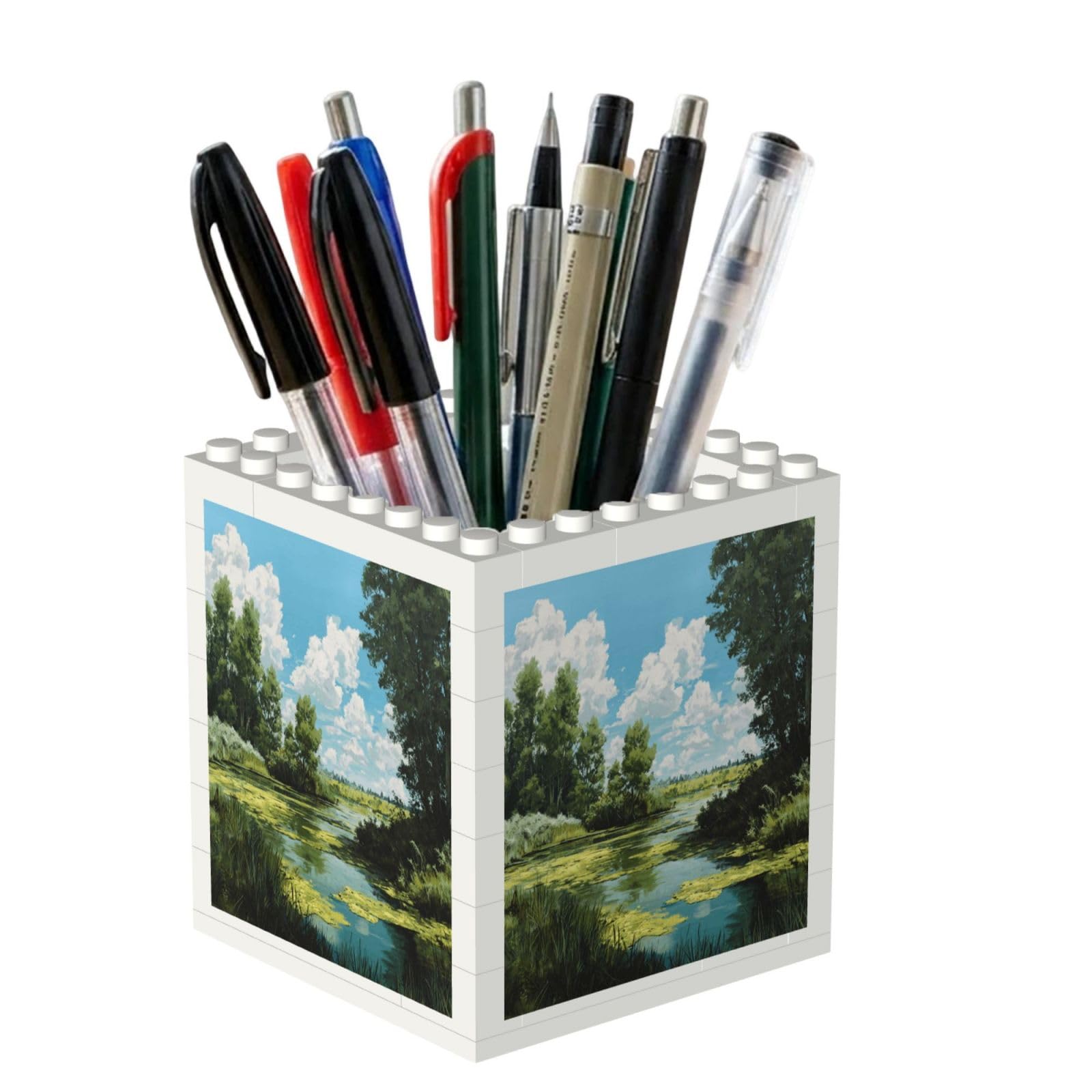 ESNAIUVCD Wetland Scenery Print Building Block Pen Holder - Pencil Holder For Desk/Classroom,Desk Accessories, Multifunctional Office Supplies Pen Organizer Pencil Cups(2pcs)