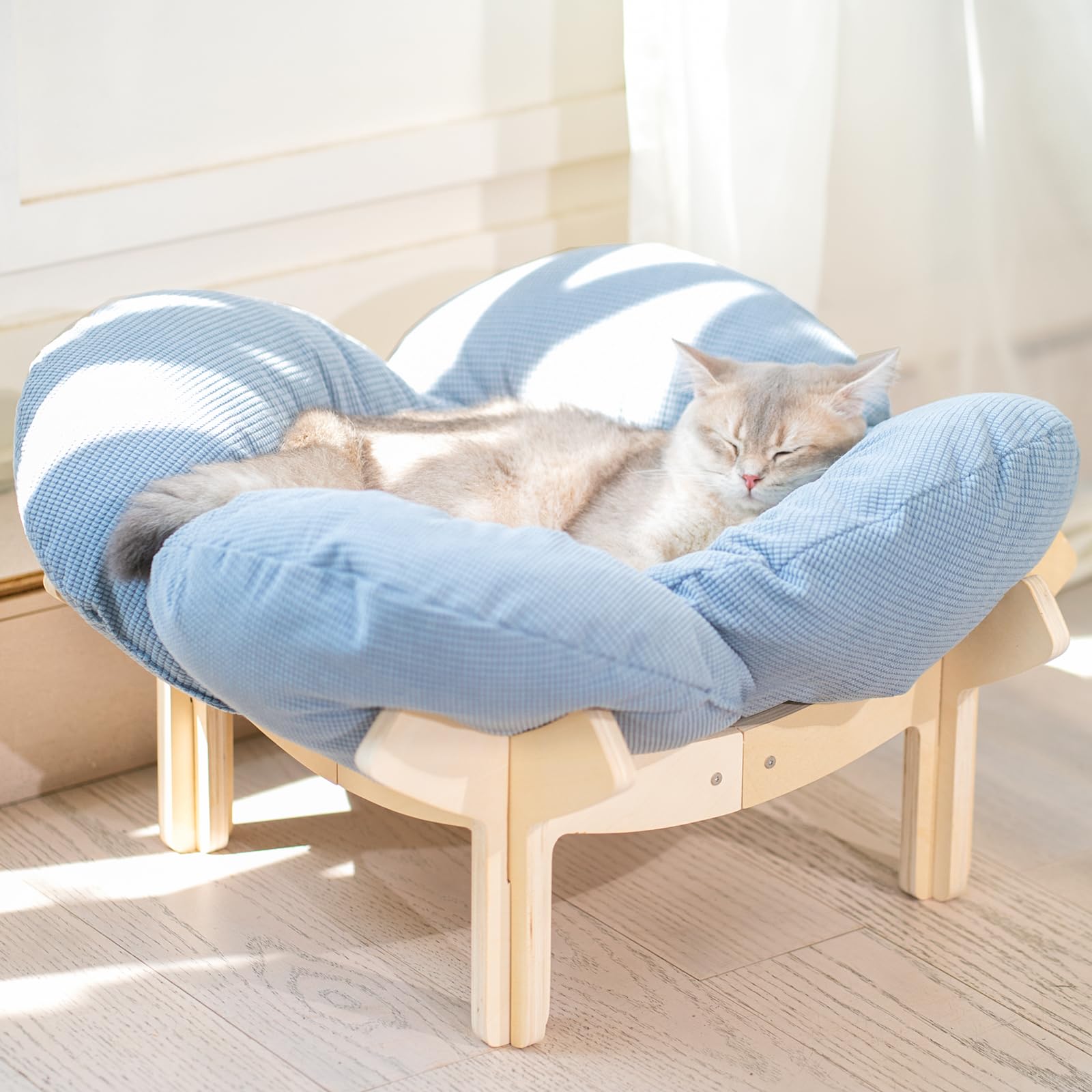 CheerPals Erhöhtes Katzenbett Blumenform, 55cm L&W Großes Katzensofa, Stilvoll Katzenstuhl mit Hochelastischer Weich Kissen, Katzenmöbel zum Schlafen für Alle Katze