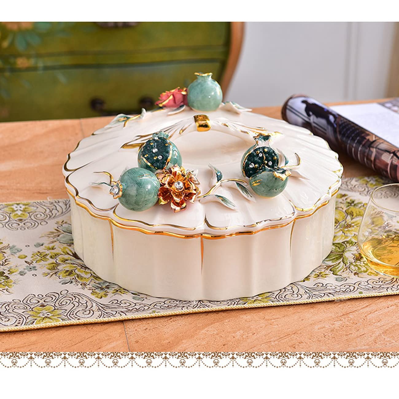 ヨーロピアン風 花柄陶器製 蓋付きお菓子ボックス スナックトレー 果物