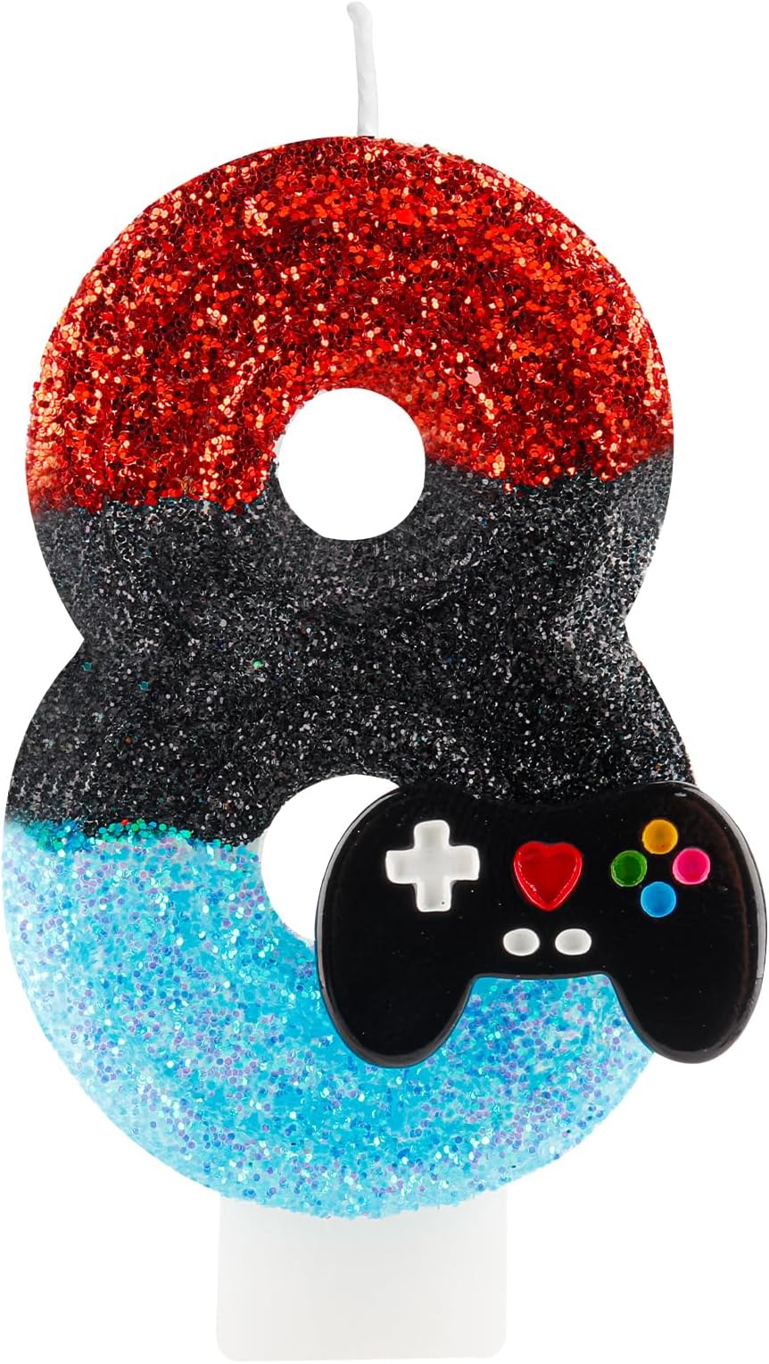 Glittery Number 8 Birthday Candle with Video Game Controller Theme Decoration, Gaming Theme 8th Birthday Cake Topper for Boys Kids Party Supplie