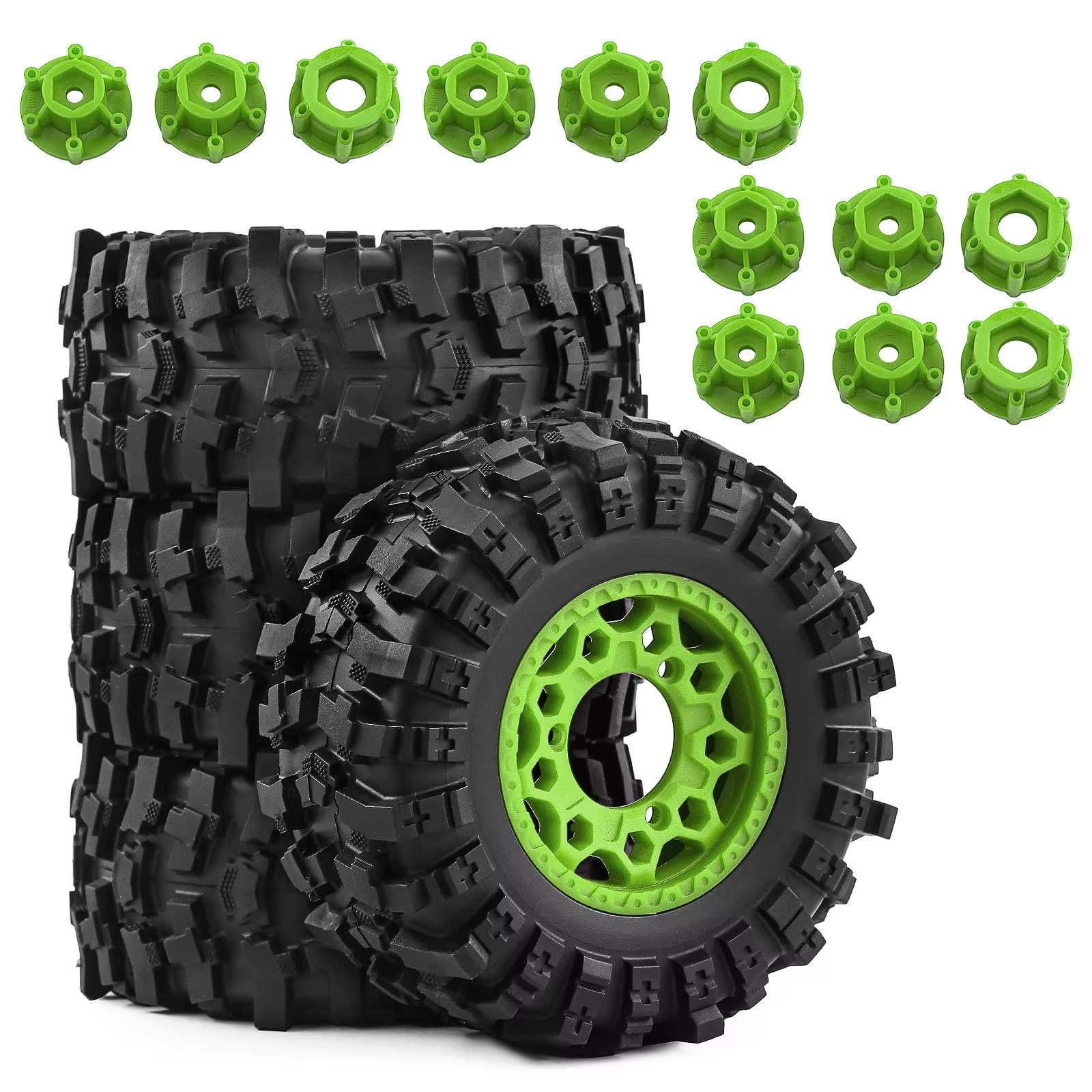 Kit Ruote Pneumatici Con Esagonali Per Auto Fuoristrada RC 1/10 | Kit Pneumatici e Ruote RC Car Off Road Robusto con Adattatori Esagonali 12 14 17mm per Trazione(Green)