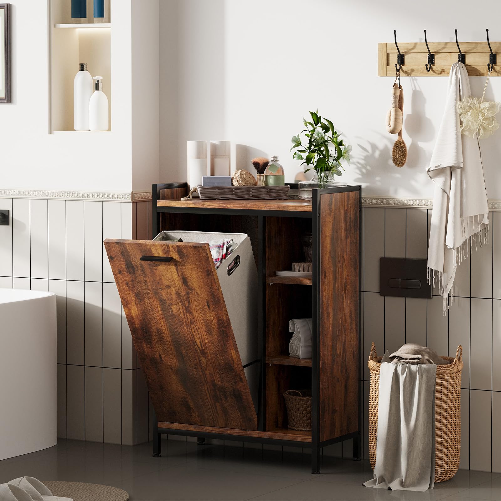 ELUCHANG Mobiletto bagno con portabiancheria(50L)-2 in 1 Mobile bagno salvaspazio per Bagnos,Sacchi Interni Rimovibili Lavabile, Soggiorno, lavanderia,camera da letto,63x30x91cm,Vintage+Nero
