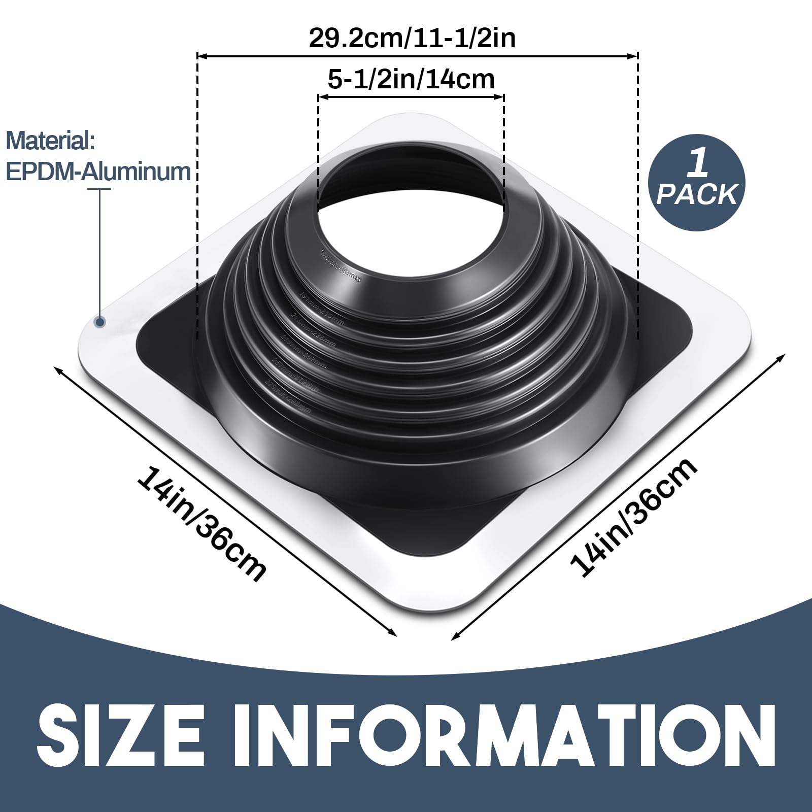 Yaocom Bota de ventilación de techo de metal #7 intermitente para tubería OD de 6 a 11 pulgadas, base cuadrada Epdm, kit de ventilación de techo (1 unidad, 14.8 pulgadas)
