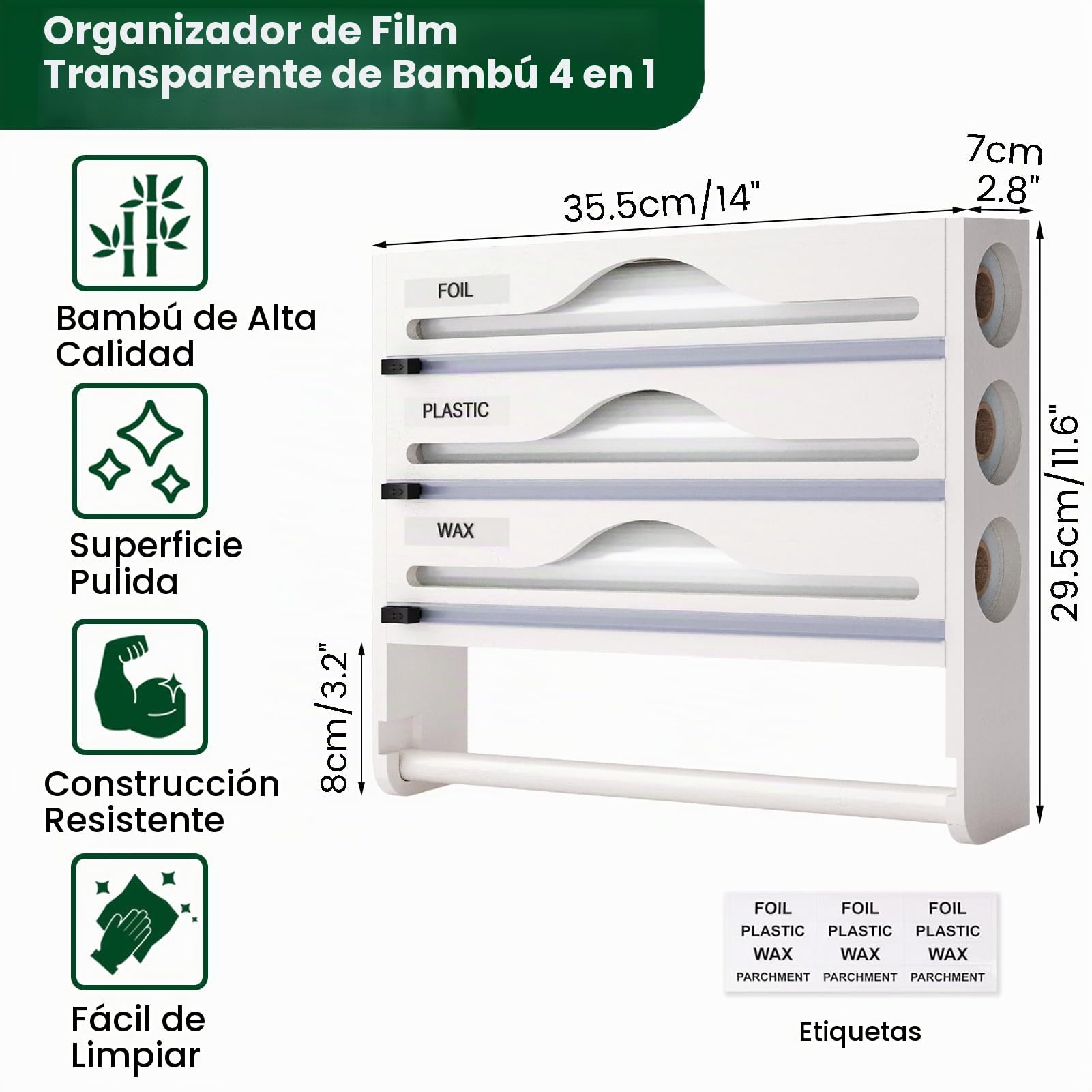 Dispensador Papel Aluminio y Film con Portarrollos Papel Cocina y Estante para Especias, Porta Rollos de Papel Cocina de Bambú, Organizador Papel Aluminio y Film de 30cm de Largo