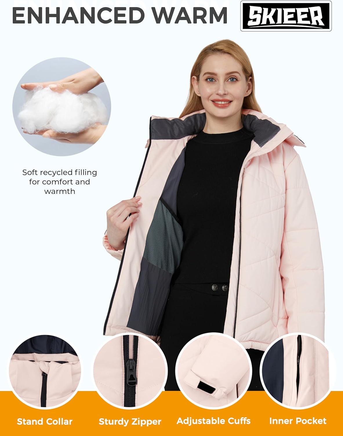 skieer women's waterproof ski jacket warm snow winter coat mountain windproof hooded raincoat large light pink