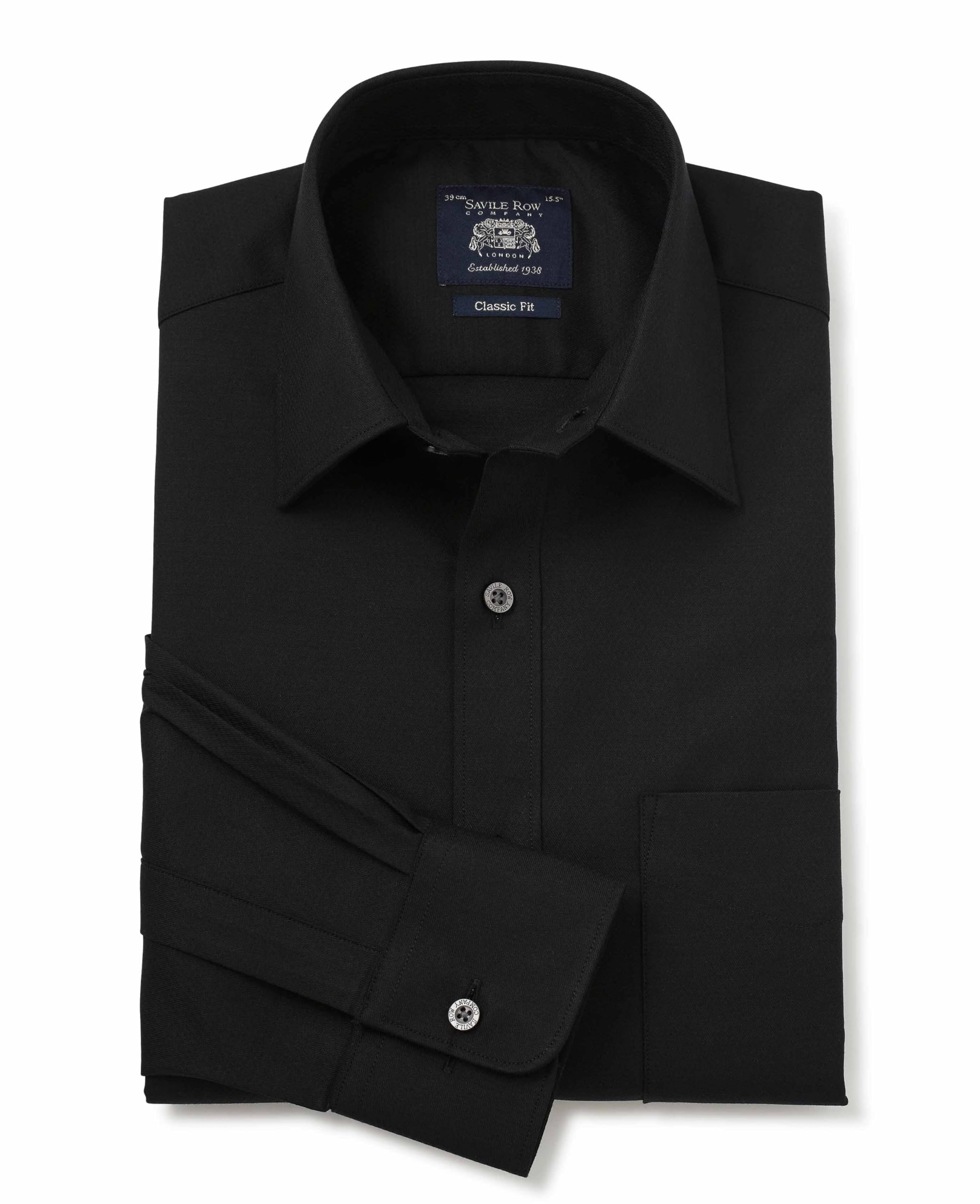 THE SAVILE ROW COMPANY LONDON Men's Classic Fit Cotton Dobby Long Sleeve Formal Shirt - Single Cuff - Black - 19.5" Collar - Standard