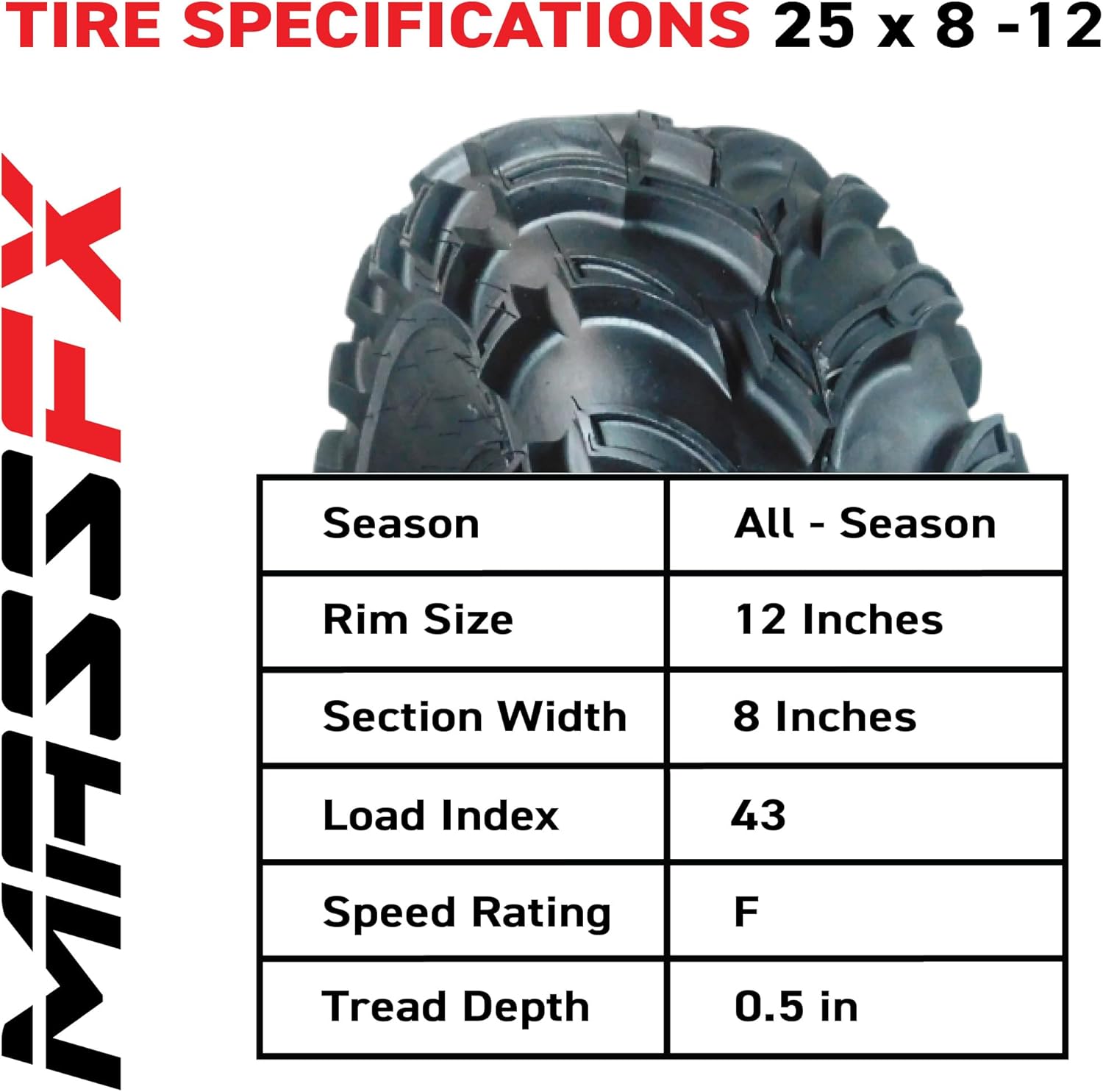 MASSFX 25x8-12 Front Tire Set (2) for All-Terrain (ATV), Utility-Task (UTV), and Side-by-Side (SxS) Vehicles - 6-Ply with 1/2" Tread Depth 25x8x12 (2-Pack)