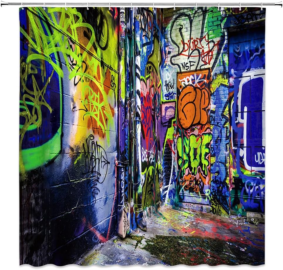 BST Colorful Graffiti Shower Curtain, Street Graffiti Abstract Art Creative Street View Colorful Home Bathroom Curtains Decor Polyester Fabric Quick Drying Include Hooks