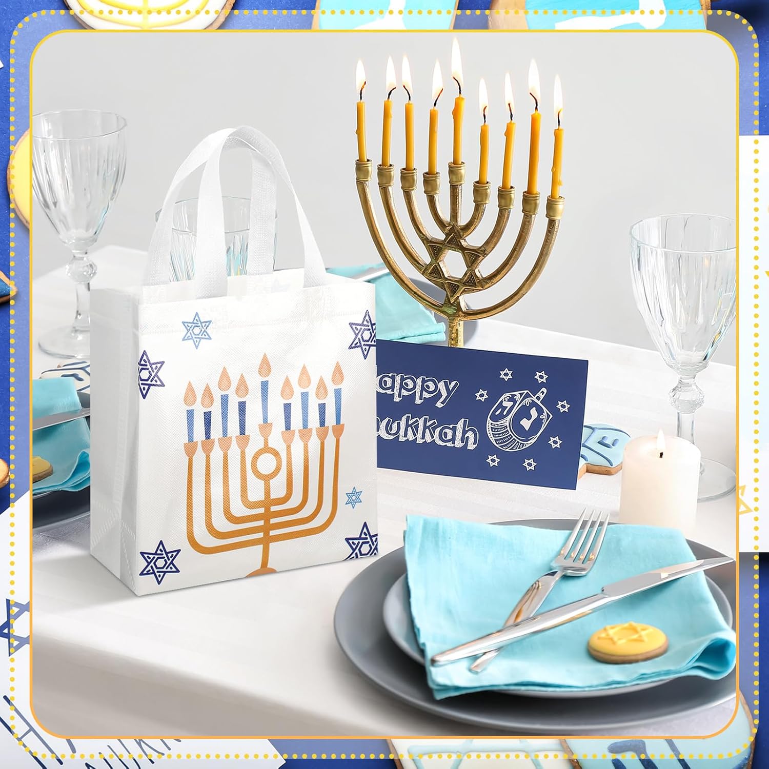 Tegeme 24 Pcs Hanukkah Gift Bags Bulk Chanukah Gift Bags Reusable Large Hanukkah Tote with Handles Non Woven for Gifts Wrapping Accessories Party Supply, 9x8.7x4.3'' - Image 6