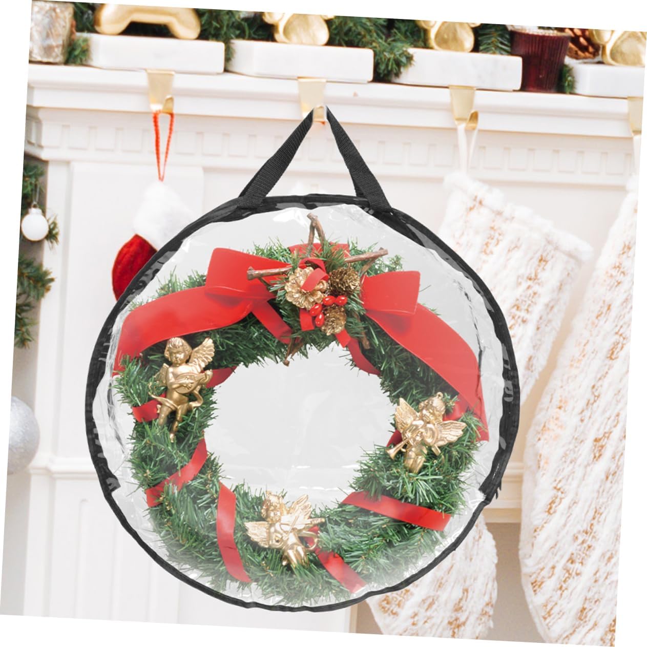 Unomor Christmas Wreath Storage Bag Capacity Transparent Organizer for Holiday Decorations Zippered Pouch with Handle for Xmas Garland and Present Packing