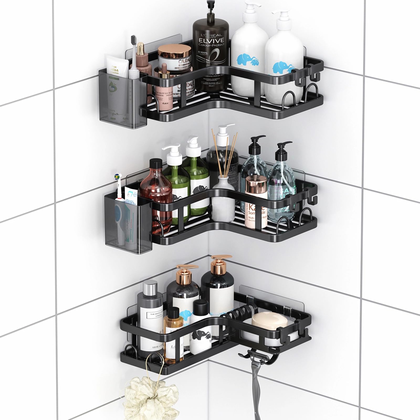 MJXKBB Corner Shower Caddy- 3-Pack Adhesive Bathroom Storage Rack Upgraded Stamped Shower Rack with 6 Hooks No Drilling