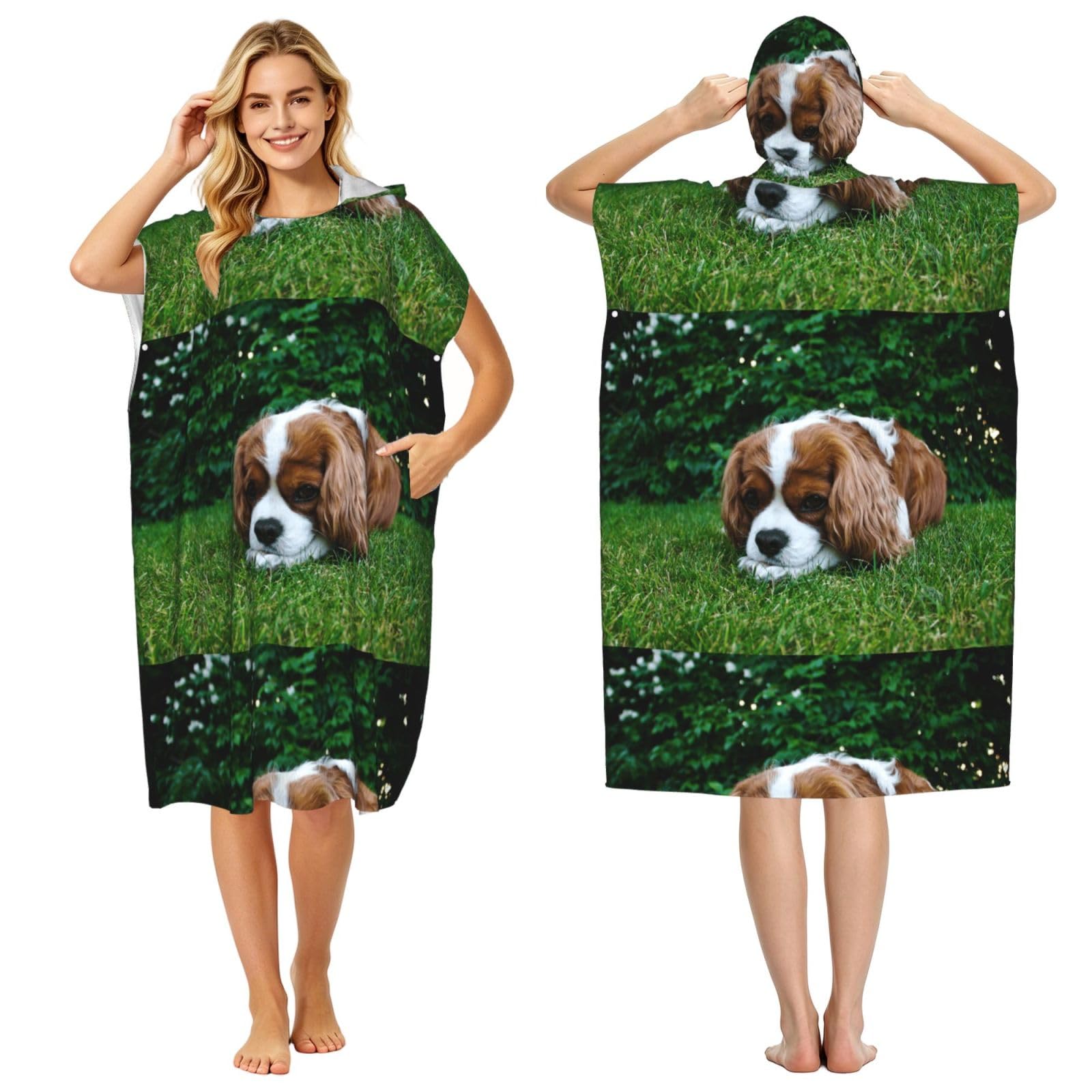 Poadnly Cavalier King Charles Spaniel Brownish White, Adult Hooded Beach Towel 90 x 110 cm,Changing Bath Robe, Surf Poncho Towel For Women Men
