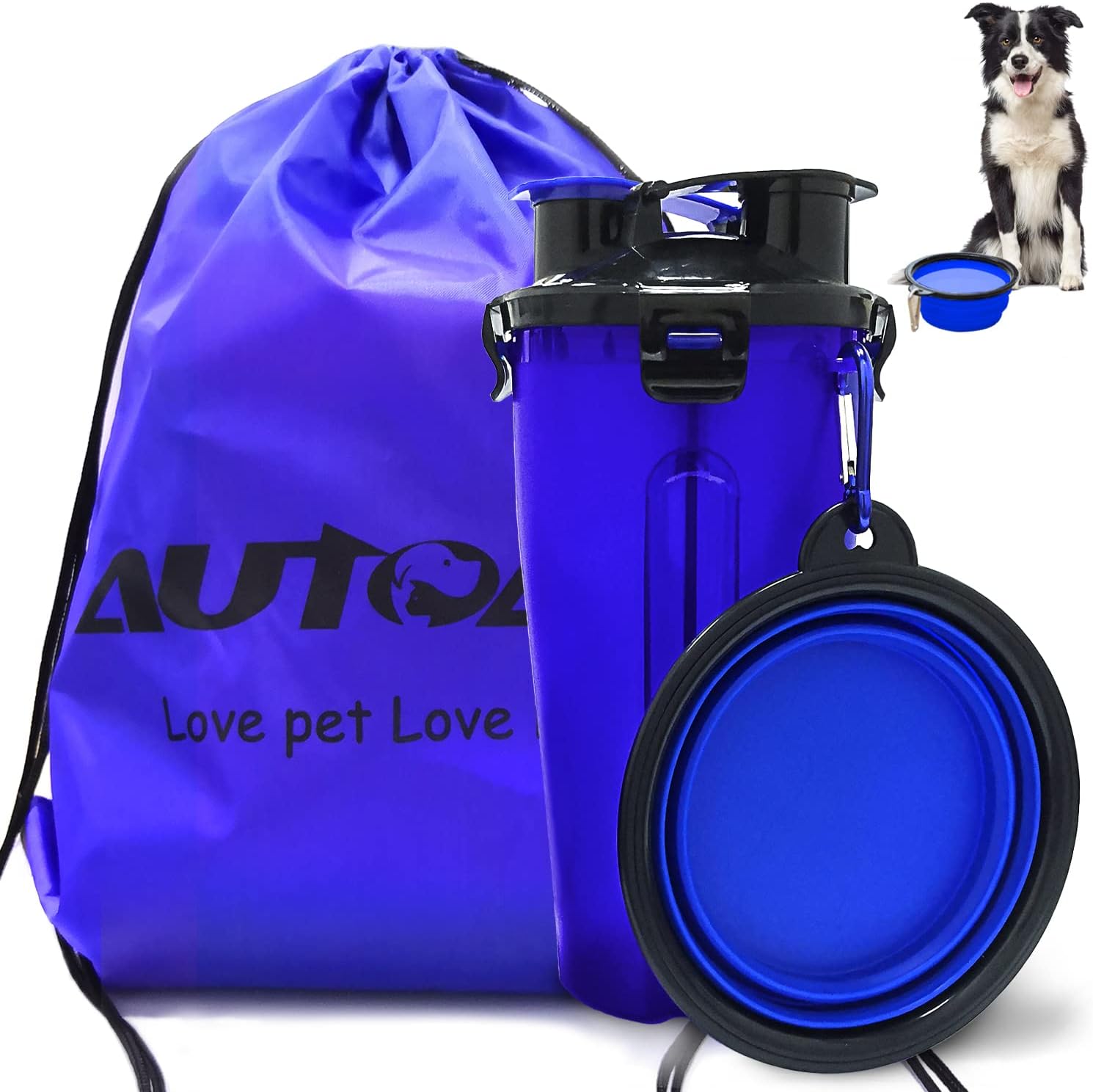 Dog Water Bottle Portable Dog Food Container Leak-Proof Cup with 2 Collapsible Slow Feeder Dog Bowls for Walking Hiking Travelling Camping