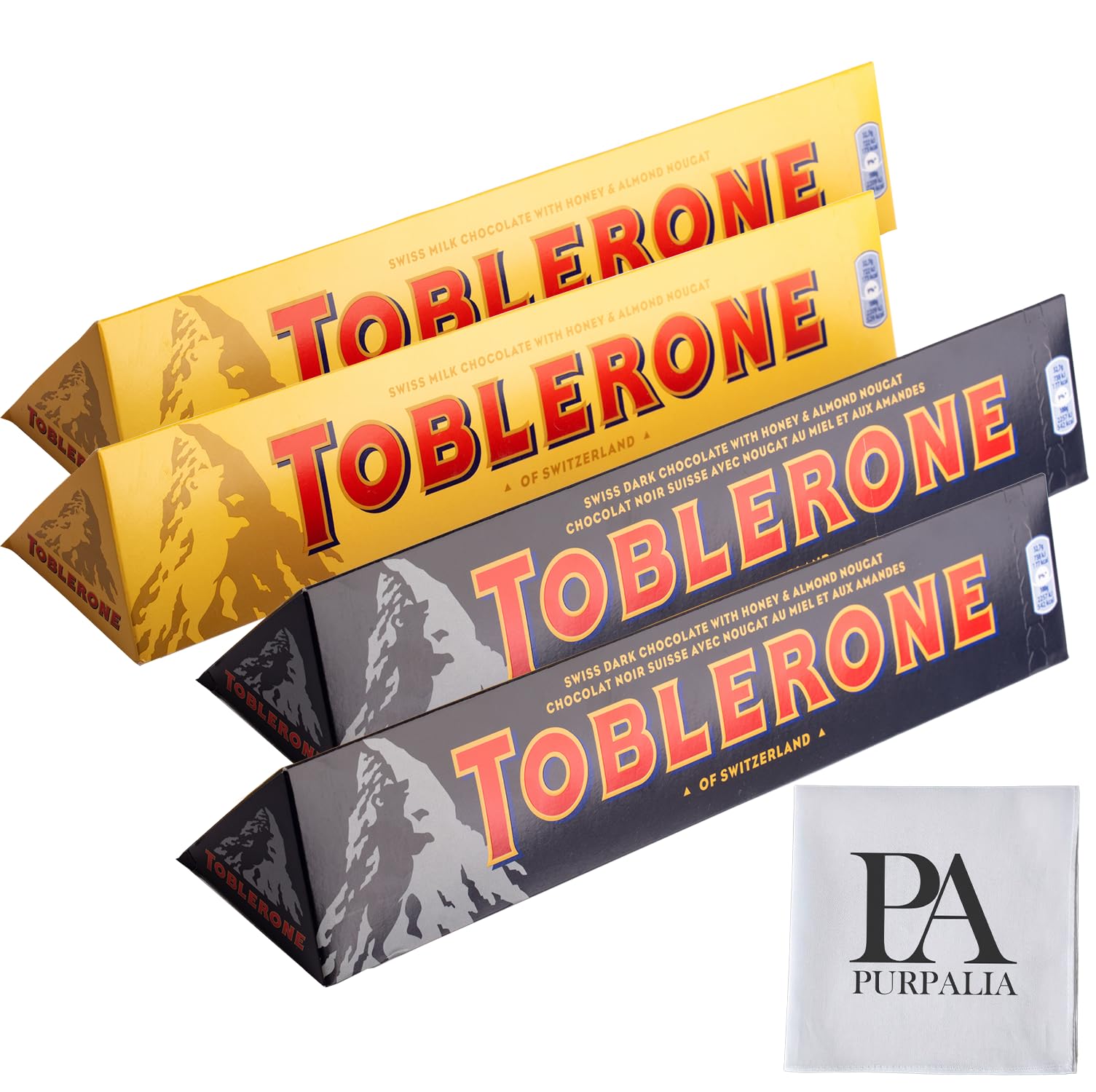 Toblerone Chocolate Variety Pack - 3.52 oz 2-Pack: Classic Swiss Chocolate Bars Assortment Dark and Milk Chocolate Bars(Purpalia Packaging) (4 pack, Variety)