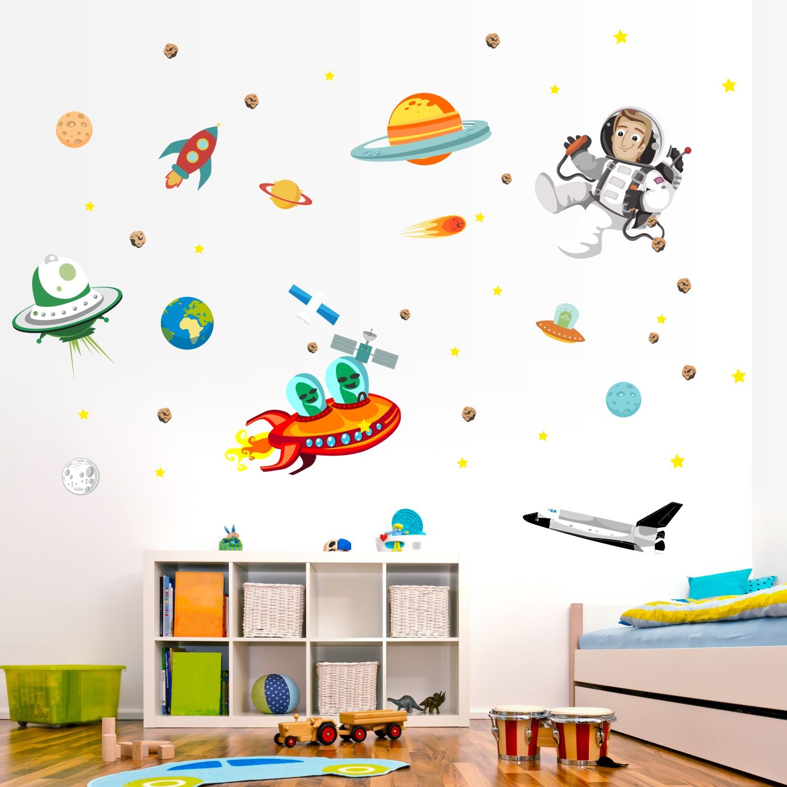 Nikima 005 - Adesivo da parete per cameretta dei bambini, motivo: mondo di alieni, luna, razzo spaziale, astronauta, disponibile in 6 misure (1500 x 840 mm)