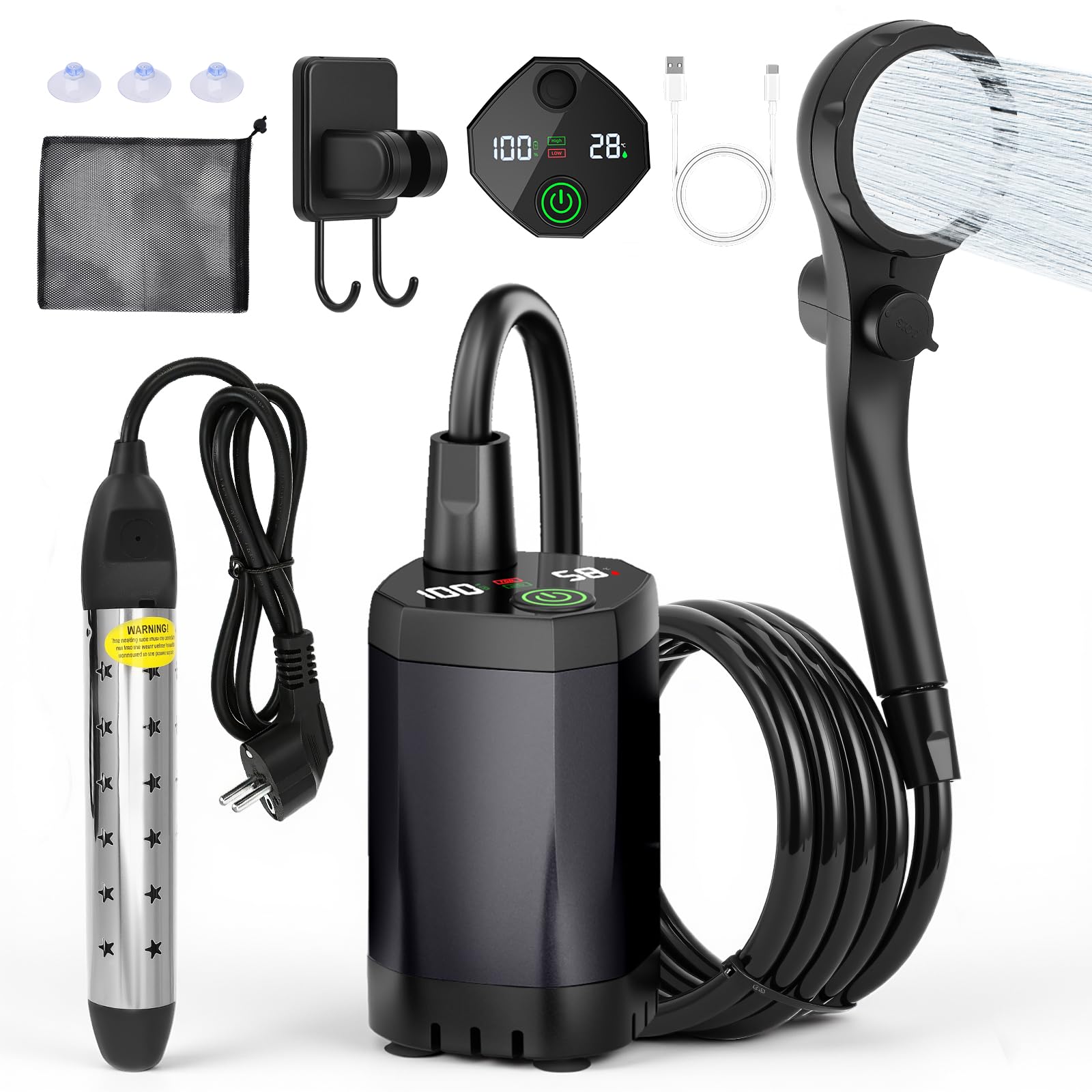 Douche Camping avec Barre Chauffage - Kit Pompe de Douche Électrique Rechargeable 6000mAh, Pression d'eau Réglable, Écran Numérique, Résistant IPX8 - pour Camping, Jardin, Randonnée