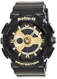 Women's BA-110-1ACR Baby-G Goldtone Analog-Digital Display and Black Resin Strap Watch