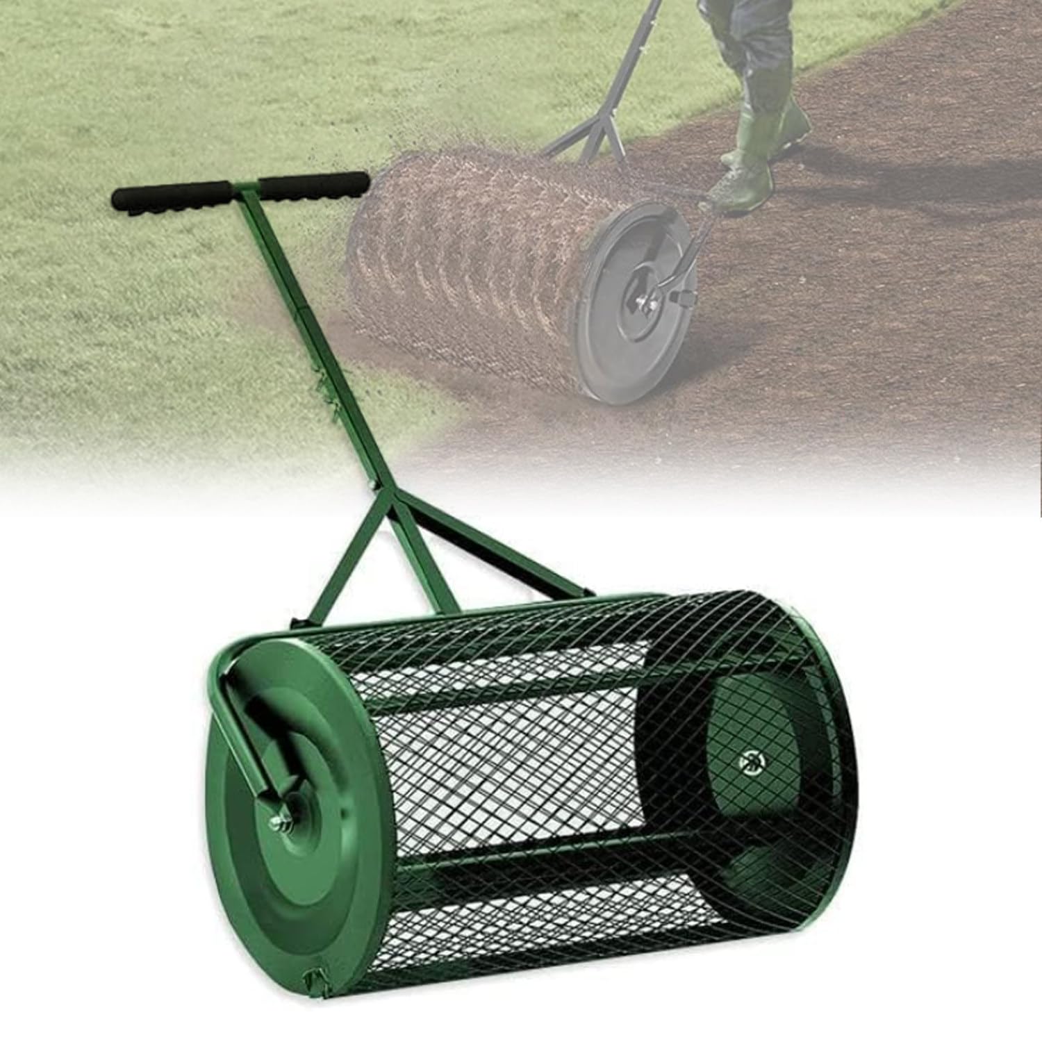 Rozsiewacz kompostu, uniwersalny rozsiewacz nasion, lekki metalowy rozsiewacz siatkowy do trawnika i ogrodu, antykorozyjny rozsiewacz obornika do sadzenia i siewu, zielony-32 cm * 60 cm