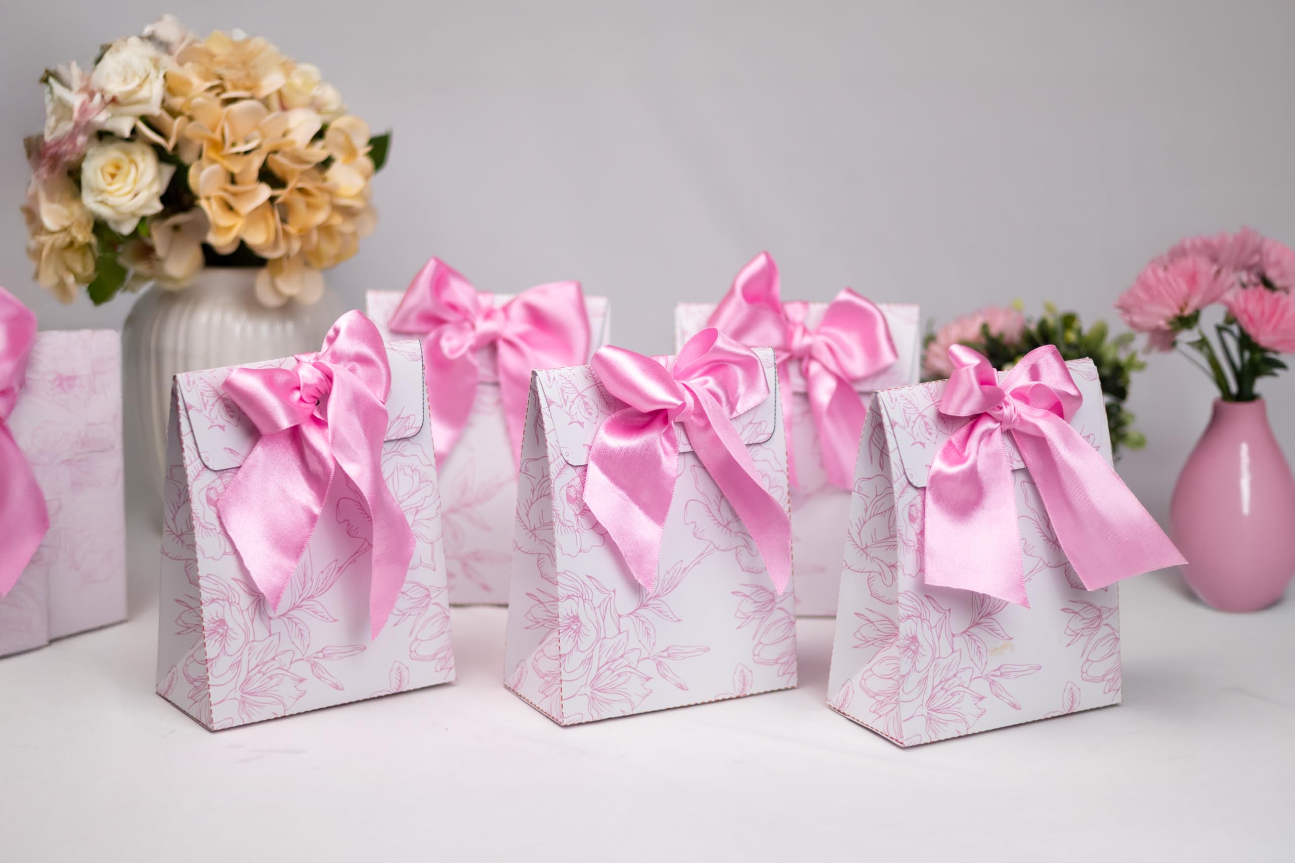 The Banner Company Pack of 5 Pink Roses Paper Gift Bags with Satin Ribbon – Floral Gift Bags for Return Gifts, Baby Shower, Birthday, Wedding & Festive Gifting (Pink) (Small, 5.5 x 2.75 x 7.75 Inches)-image-25