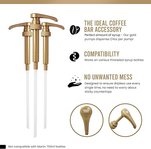 Miniatura 2 de Grateful Grocer Torani - Juego de 3 bombas de jarabe doradas, dispensador de jarabe Torani para 25.4 fl oz Davinci, jarabes delgados y 1 litro de