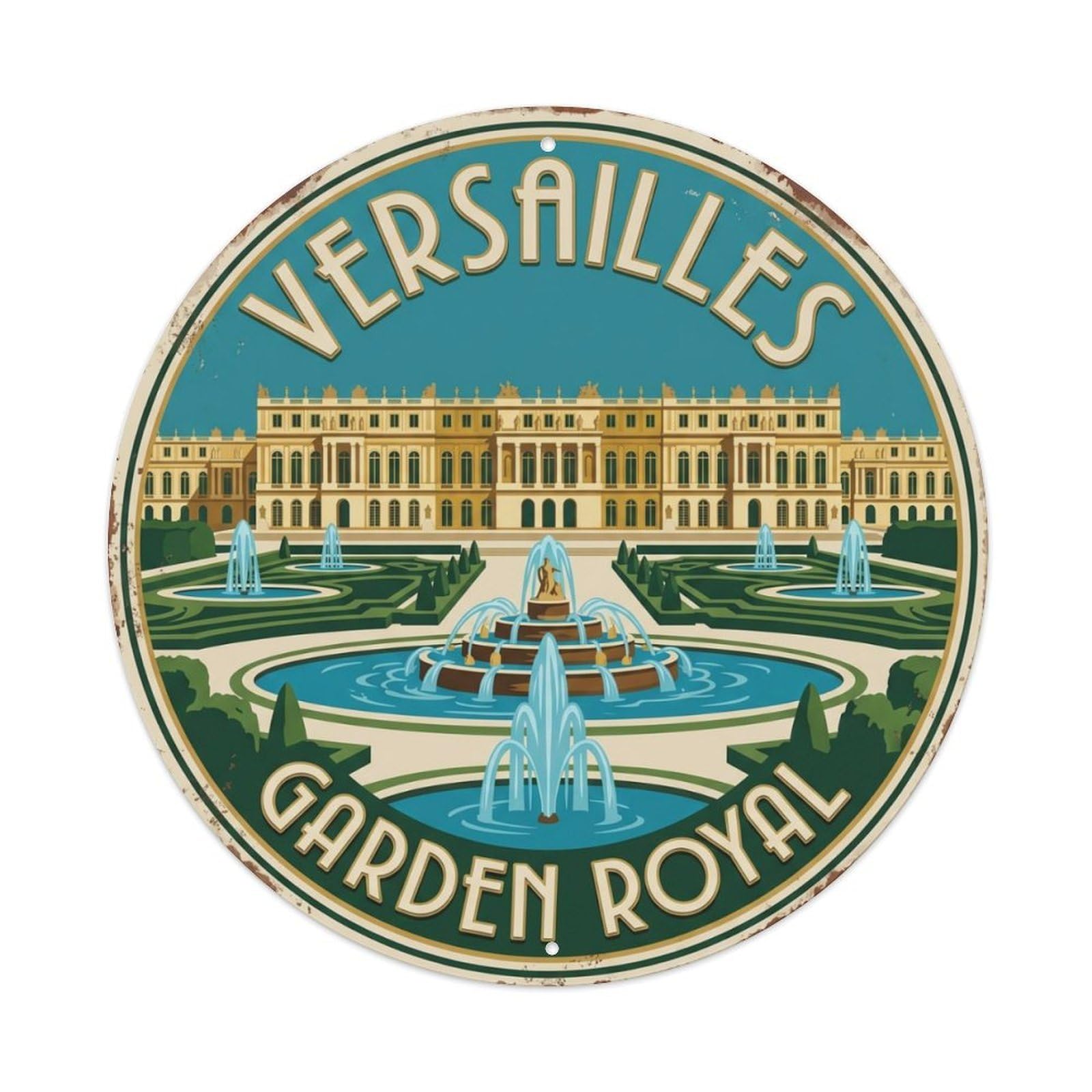 Versailles Garden Royal France Palace Metal Tin Sign Plaque Wall Decor for Cafe, Club Bar, Office, Home Garden Round Metal Poster 8x8Inch