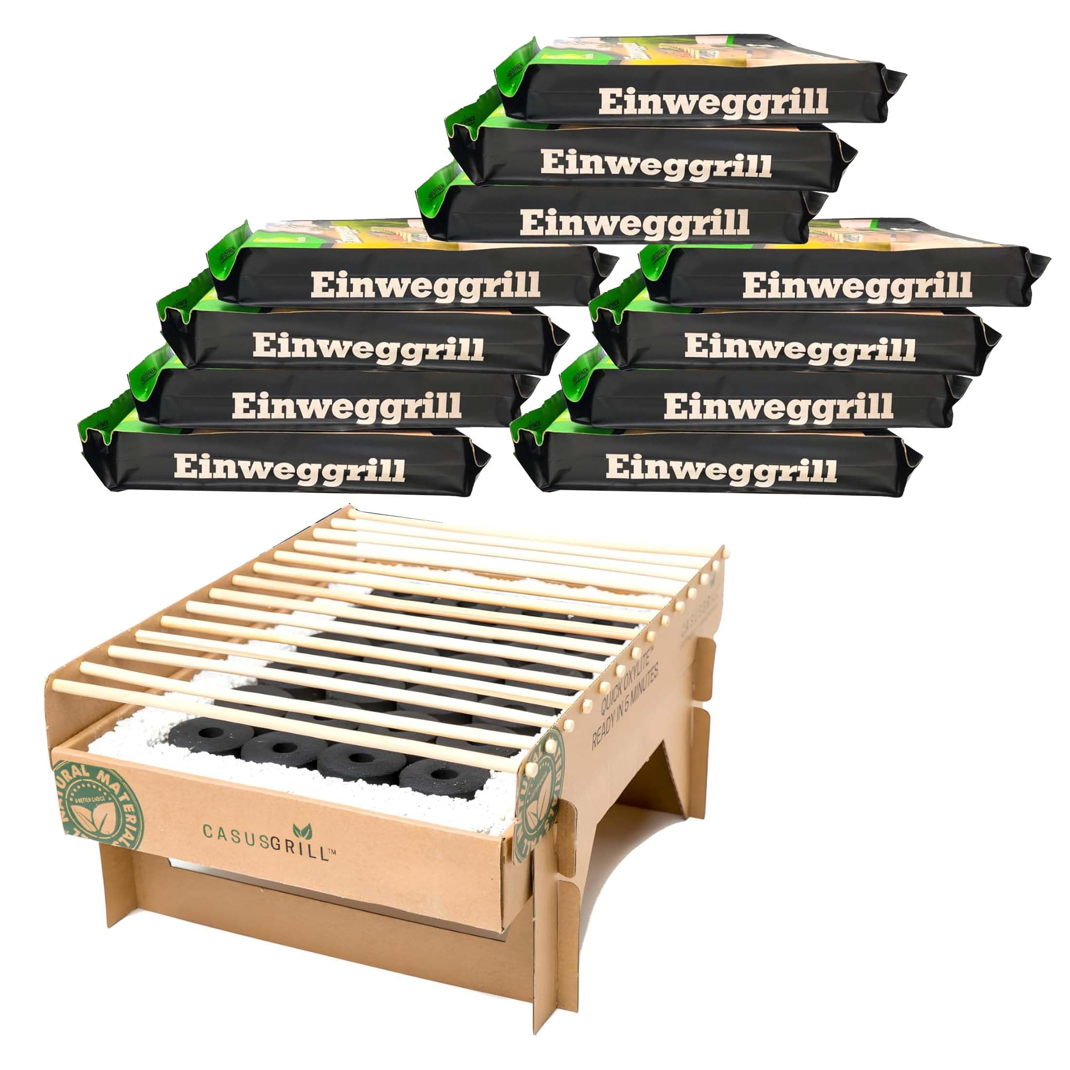 12x BURI Grill Eco Barbecue jetable Barbecue monobloc 100 % durable - Barbecue bio sans fumée 31x24 cm Charbon de bois de bambou et grille de barbecue, matériaux naturels, moins d'émissions de CO2, 5