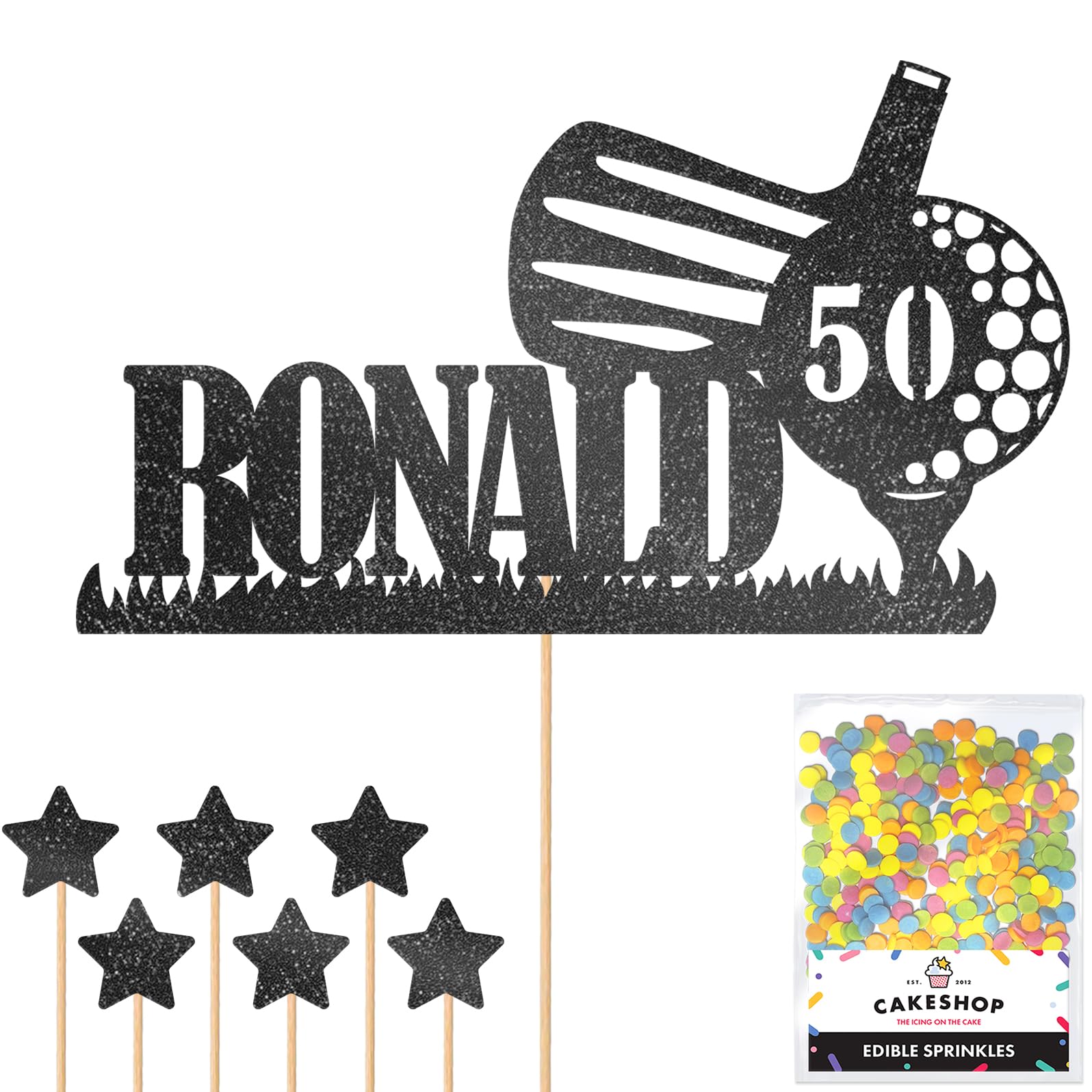 Personalised Golf Golfer Glitter Cake Topper - Black Custom Age & Name Glitter Cake Decoration and Sprinkles - Happy Birthday Decorations - Personalised Toppers for Cakes by Cakeshop โ image 1