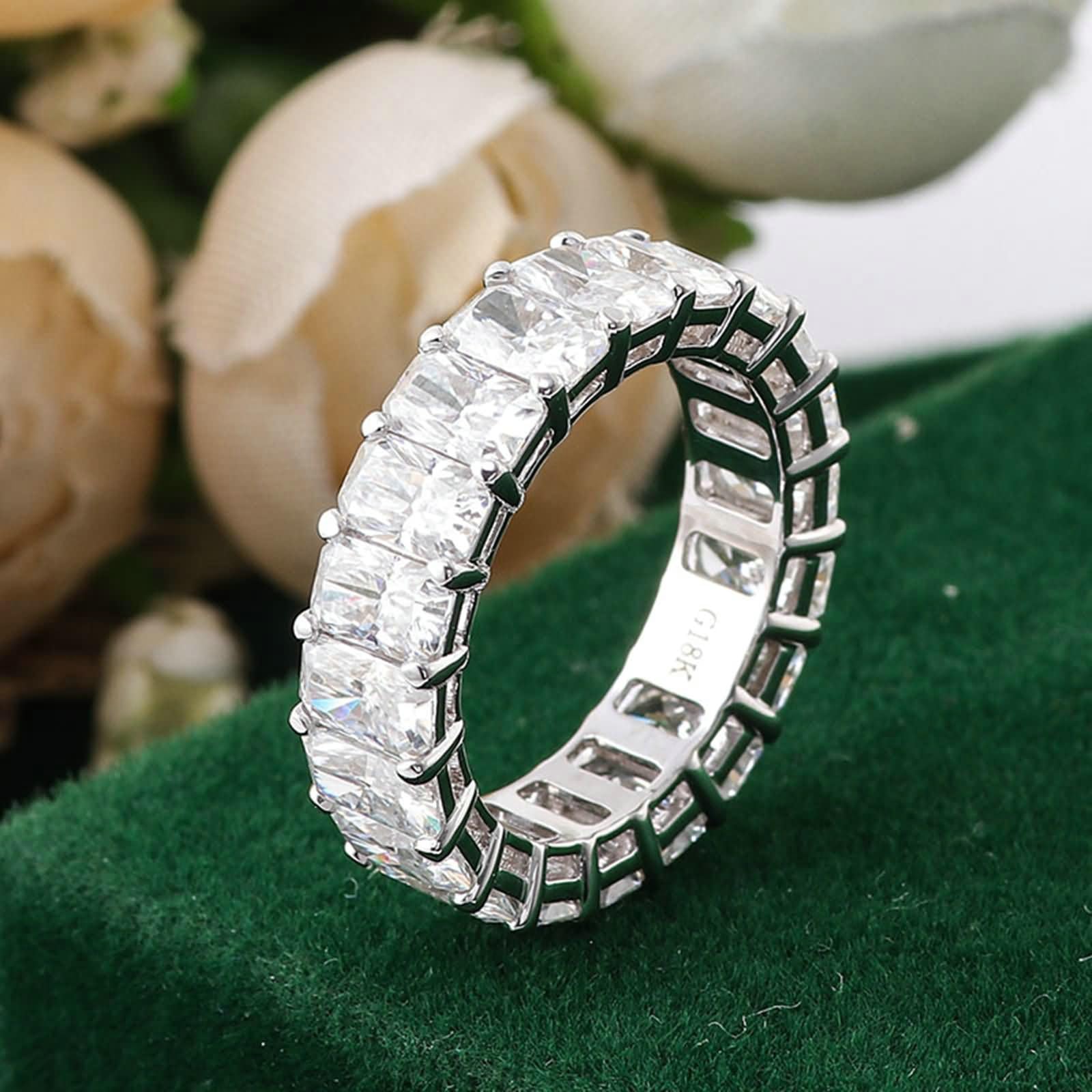 Anelli Fidanzamento Donna, Anello Nuziale Oro Bianco 14K Eternità Fila di Lusso con Moissanite Rettangolare Anelli Matrimonio Donna Oro Bianco per Promessa