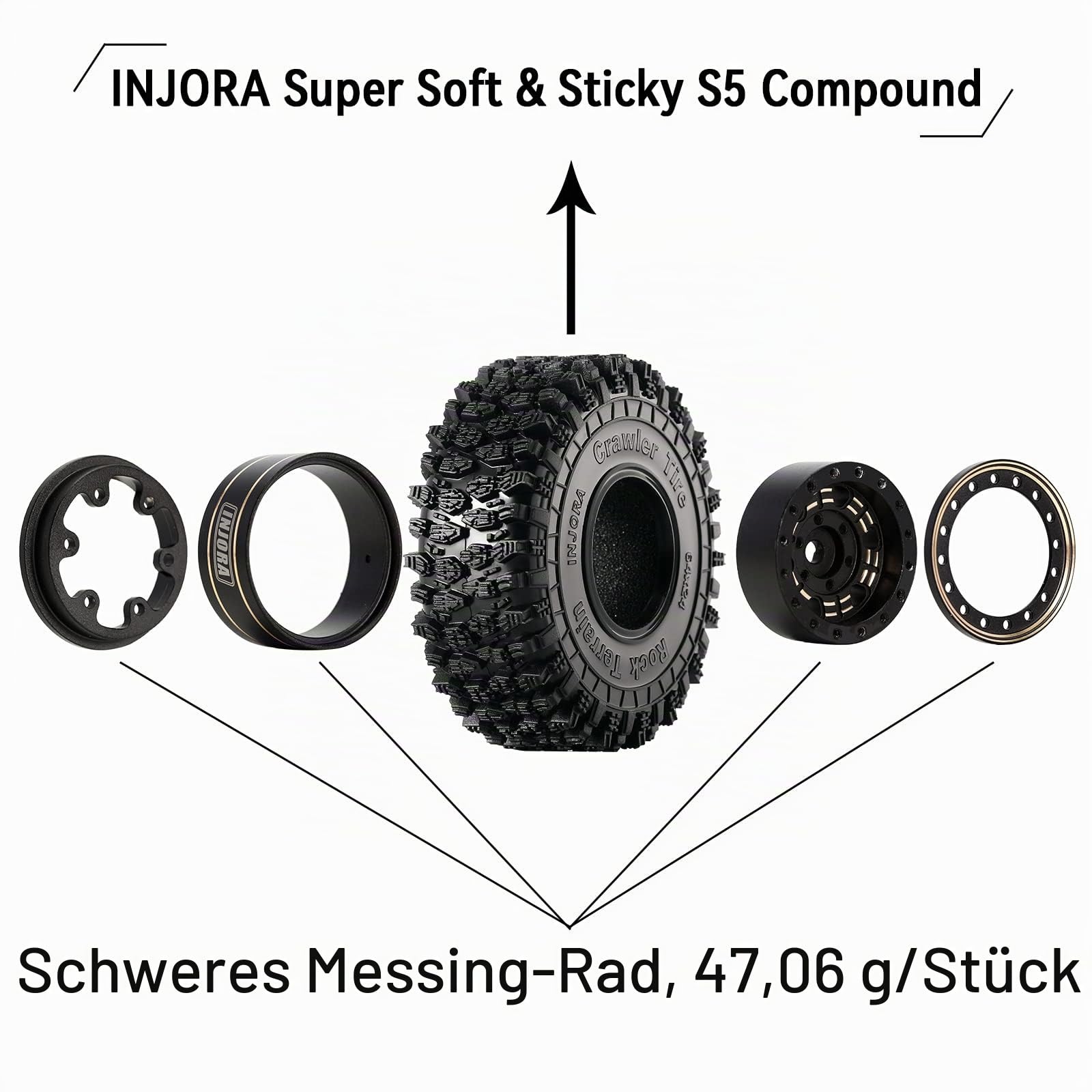 INJORA 1.0 RC Reifen Satz Beadlock Messingfelgen 4St für 1/18 1/24 RC Crawler Auto Axial SCX24 FMS FCX24 Gladiator Bronco C10 JLU Deadbolt B17 Upgrade (W1005-T1011)