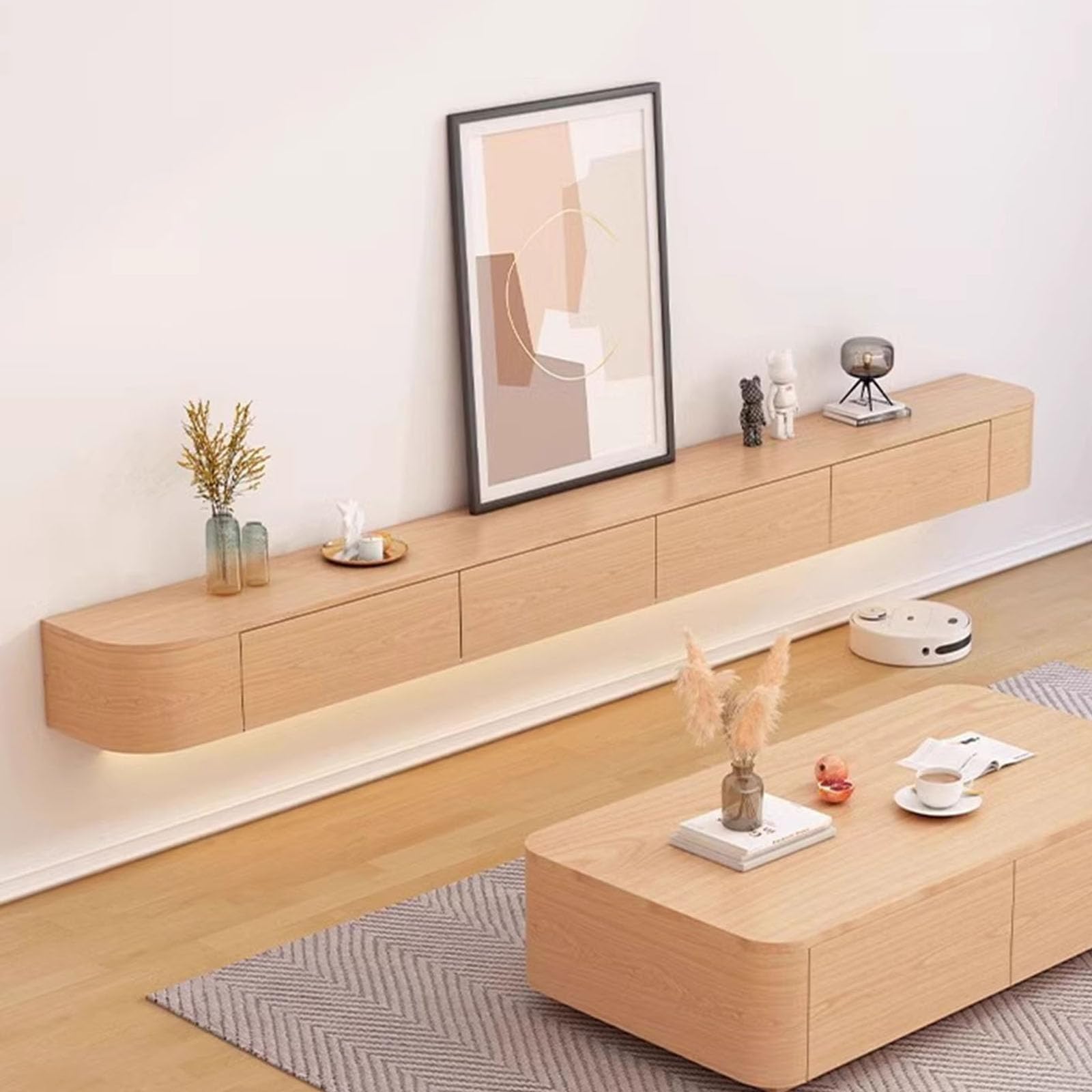 Supporto TV sospeso - Console multimediale montata a Parete con 2 cassetti, Elegante Centro di intrattenimento, Ampia Panca TV portaoggetti per Soggiorno, salvaspazio