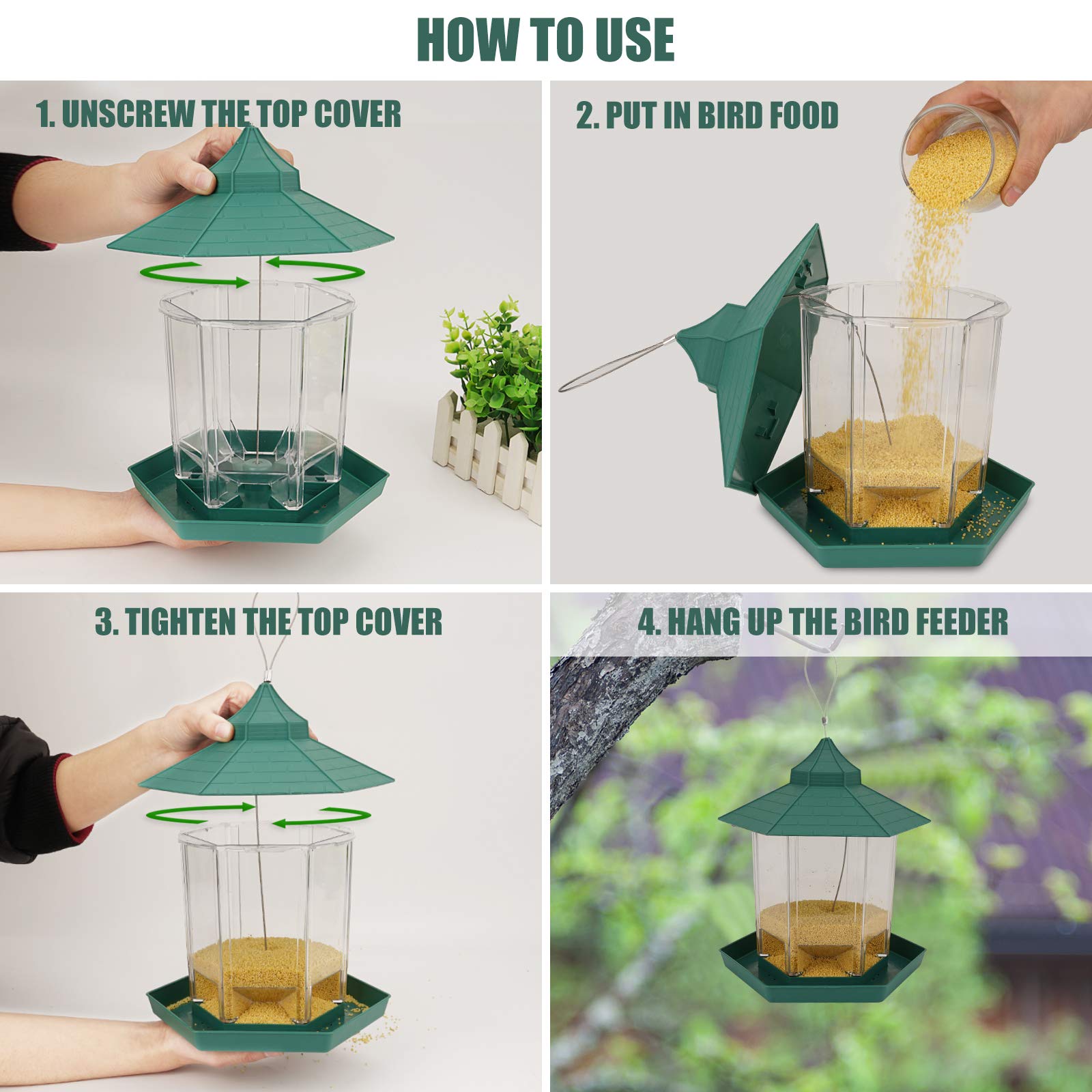 Herefun Comedero para Pájaros, Comedero Colgante para Pájaros, Comedero para Pájaros Salvajes para Exteriores a Prueba de Ardillas, Resistente al Agua Pajarera para Colgar (Verde) — view 4
