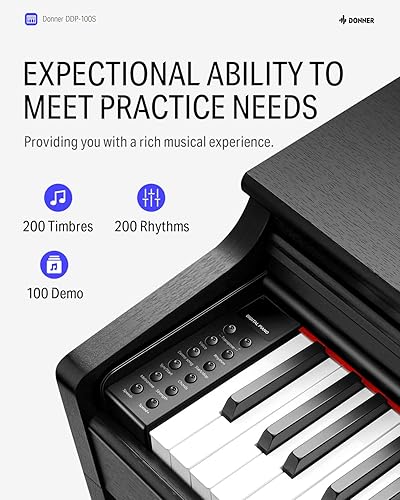 Miniatura 3 de Donner DDP-100S - Piano digital de 88 teclas, teclado de piano de acción de martillo graduado con MIDI INOUT, 200 sonidos, 200 ritmos, 100