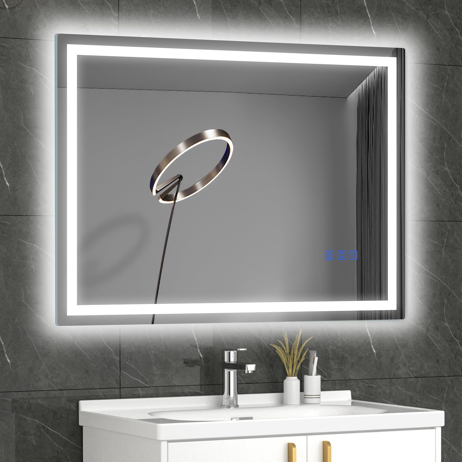 IEGLED Espejo de baño con iluminación,80 x 60 cm,espejo de pared con interruptor táctil,3 colores de luz,espejo LED para baño,10% - 100% de brillo,espejo grande con antivaho,espejo iluminado con