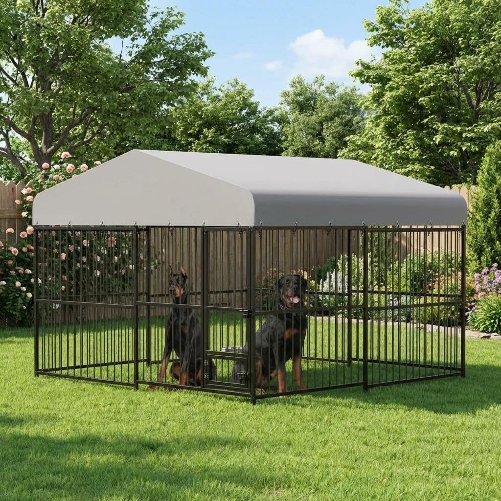 Photo 1 of ** selling as partial set. One of two boxes** GarveeTech 10x10x6 ft Outdoor Dog Kennel Outdoor, Heavy-Duty Metal Dog Playpen with Waterproof Top Cover, Lock ? Swivel Feeding Bowl, Dog Crate Enclosure for All Dog Breeds, Easy Assembly