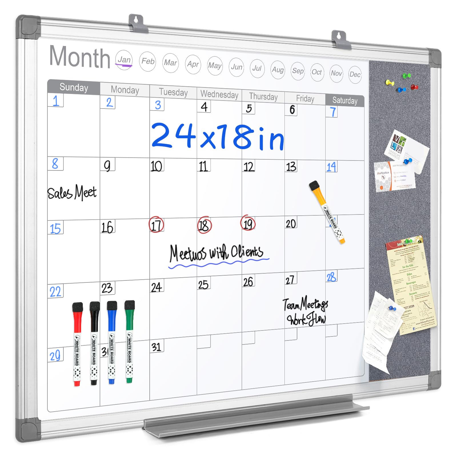 MAKELLO Dry Erase Calendar for Wall 24" x 18", Whiteboard Calendar and Grey Felt Board Combo for Office Home School