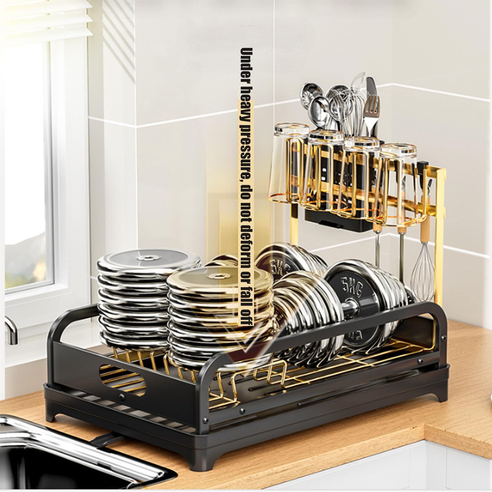 Escurridor de platos negro con tabla de drenaje, organizador de cocina que ahorra espacio, soporte para tazas y cubiertos, bandeja escurreplatos eficiente para soluciones de secado de encimera