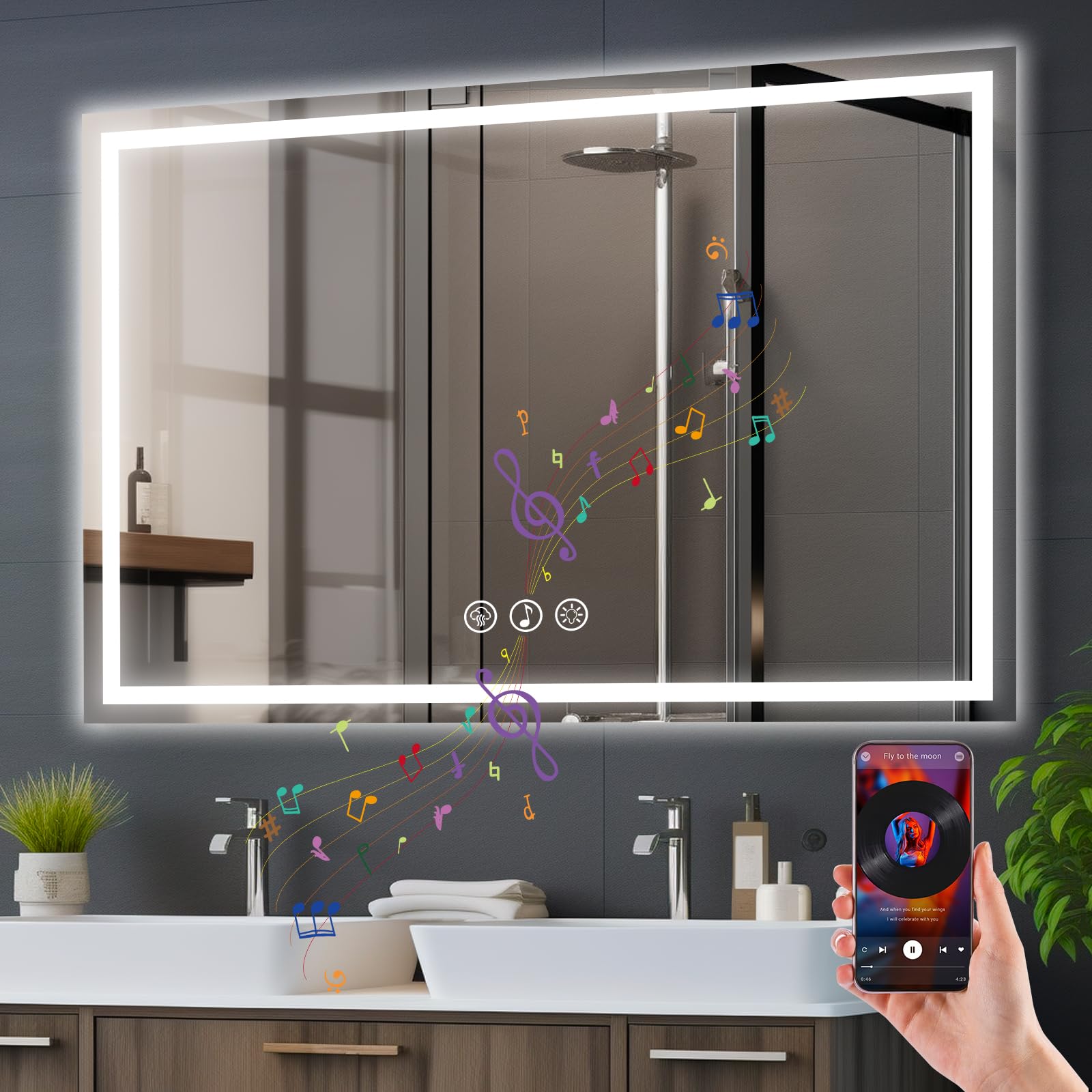 70x100cm Specchio Bagno con Luce LED e Bluetooth, Specchio da Parete Antideflagrante con Luminosità Regolabile，3 Colori Luce, IP44 impermeabile, vetro temperato, Orizzontale/Verticale