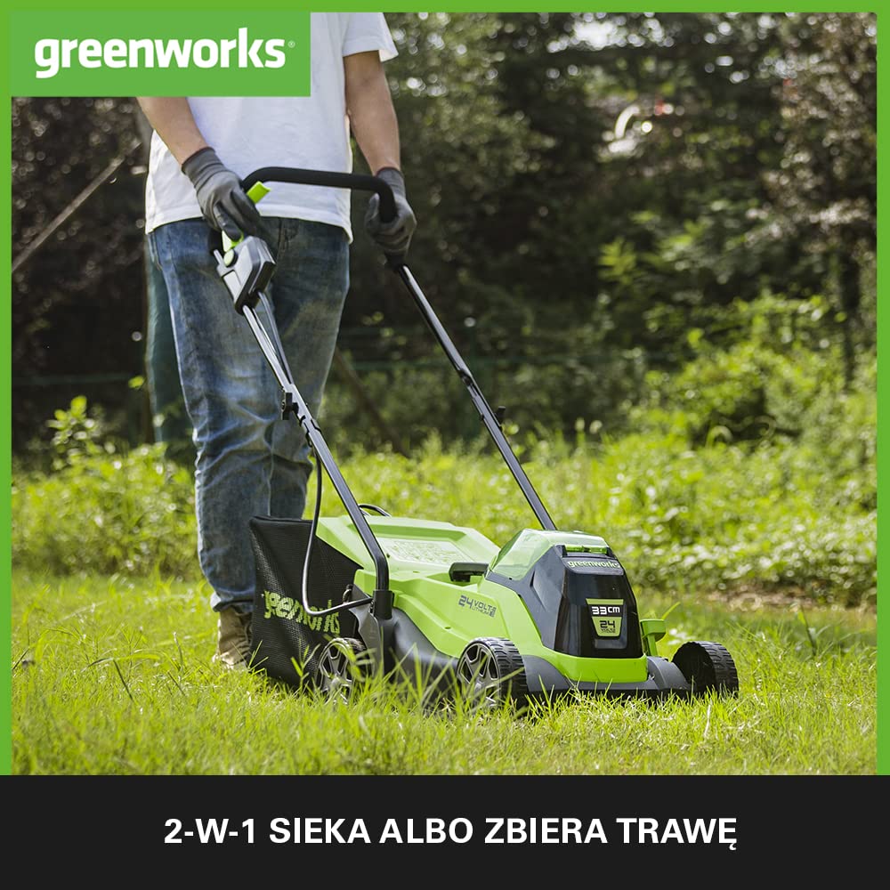 Greenworks GD24LM33 Kosiarka Akumulatorowa z Silnikiem Bezszczotkowym do Mniejszych Trawników do 280 m², Szerokość Koszenia 33 cm, torba 30l BEZ Baterii i Ładowarki 24 V, 3 Lata Gwarancji