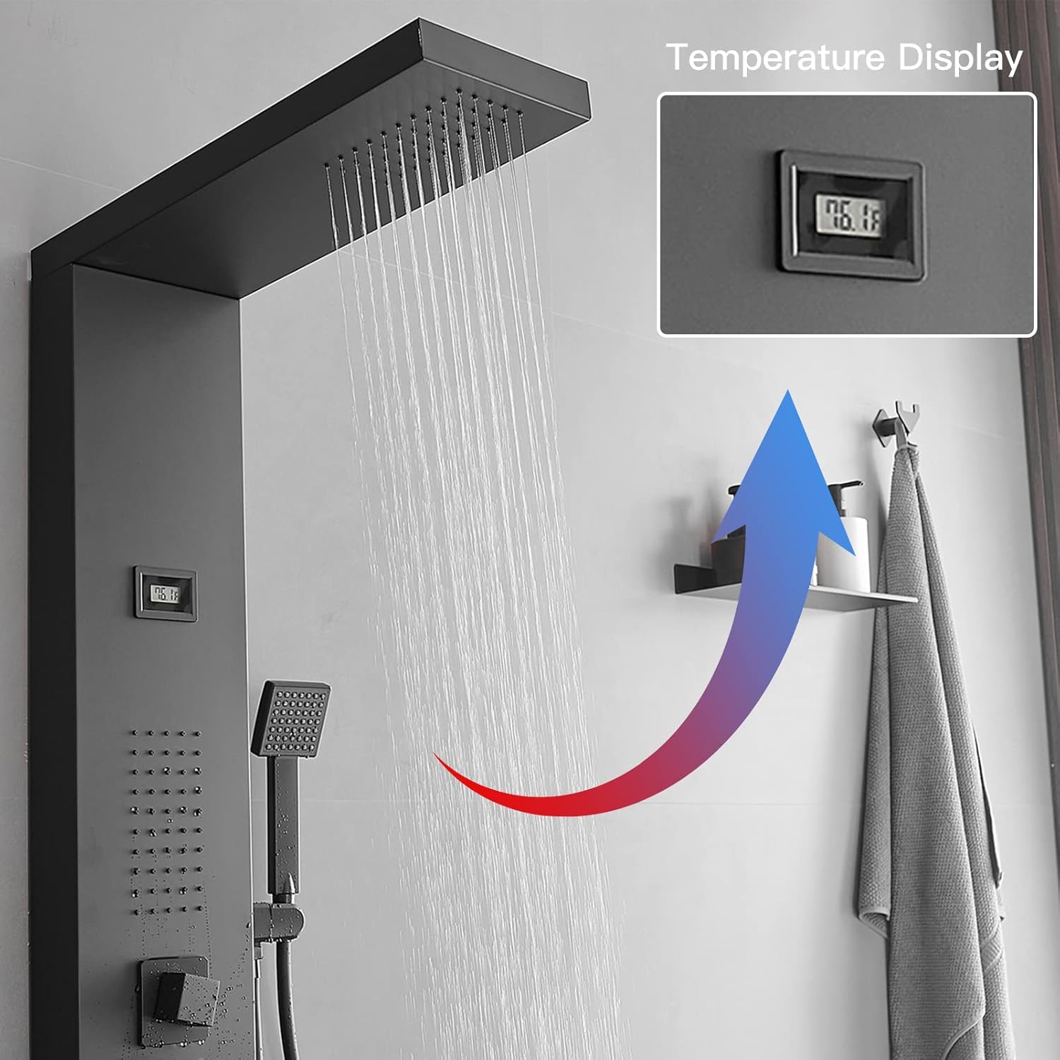 BWE 3 In1 Shower Panel Tower System Multi-Function Black Shower Panel SUS 304 Stainless Steel with Rainfall Shower Head,Massage Body Jets and Handheld Shower for Home Hotel Resort