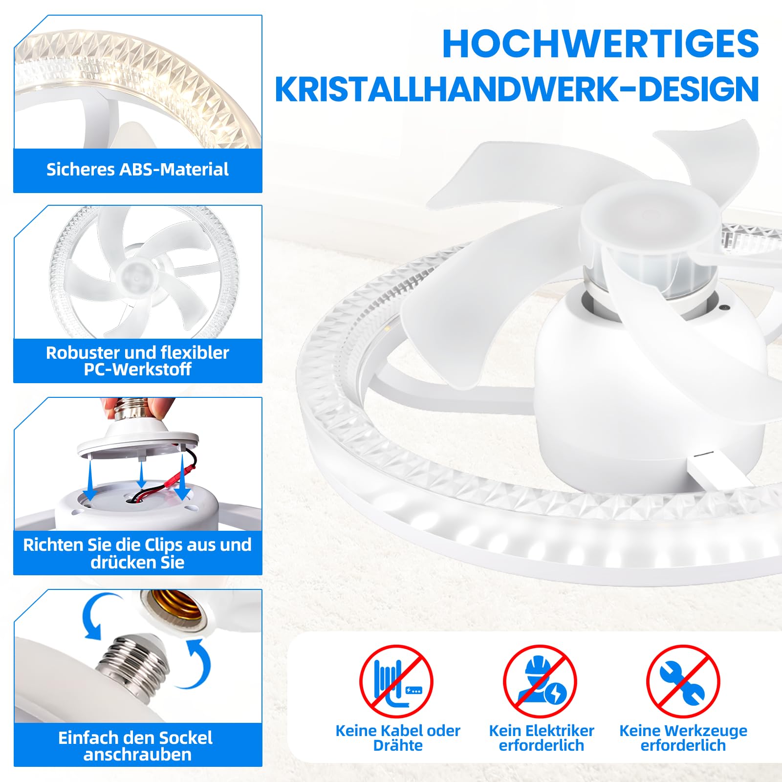 YOOHBERRYS Deckenventilator mit Beleuchtung, Deckenventilator Klein mit Lampenfassung E27, Lampe mit Ventilator, Ventilator mit Dimmbar, 360° Rotation, Timer und 3 Windstufe (30cm*17.5cm)