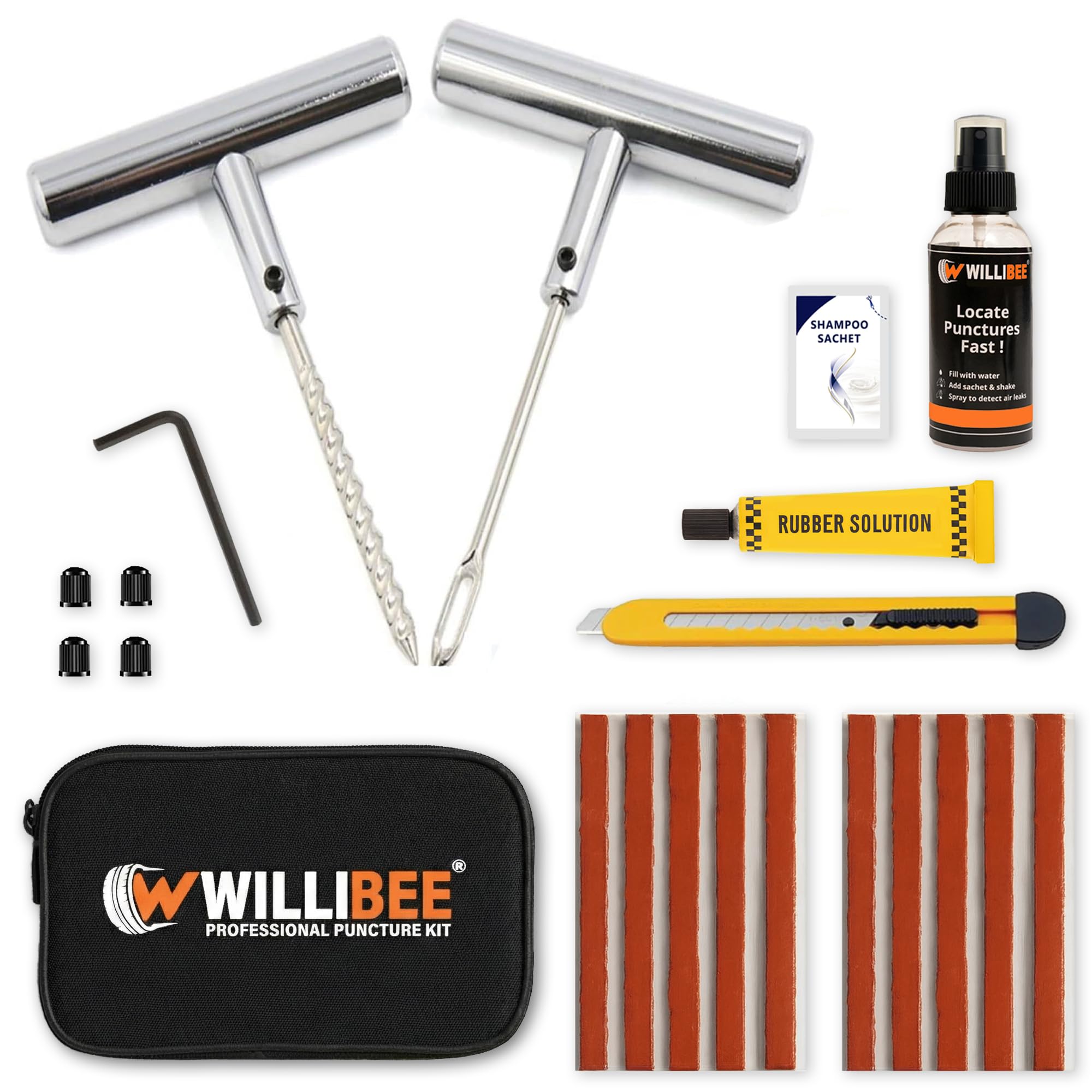 WILLIBEE Universal Heavy Duty Steel Tubeless Tire Puncher Kit (with Storage Bag) Emergency Flat Tire Repair Patch Puncture Kit for Car, Bike, SUV, & Motorcycle