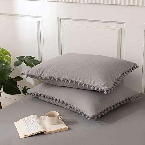 Miniatura 3 de Juego de 2 fundas de almohada grises con pompones, 100% microfibra lavada suave, fundas bohemias grises King, paquete de 2 (tamaño King, gris claro)