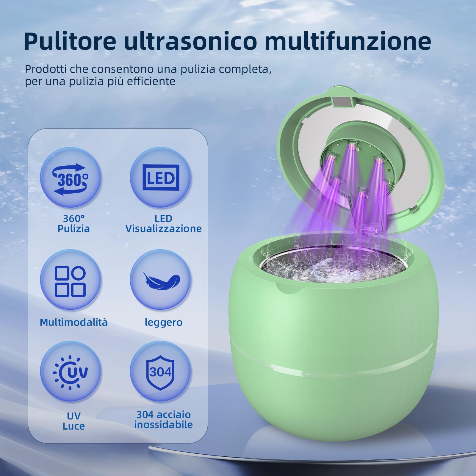 Pulitore Ultrasuoni Cordless 48000Hz, 210ML Portatile Ricaricabile Ultrasonic Cleaner con 6 Luci Automatiche di Pulizia UV Per Protesi, Allineatori, Apparecchi Ortodontici, Gioielli