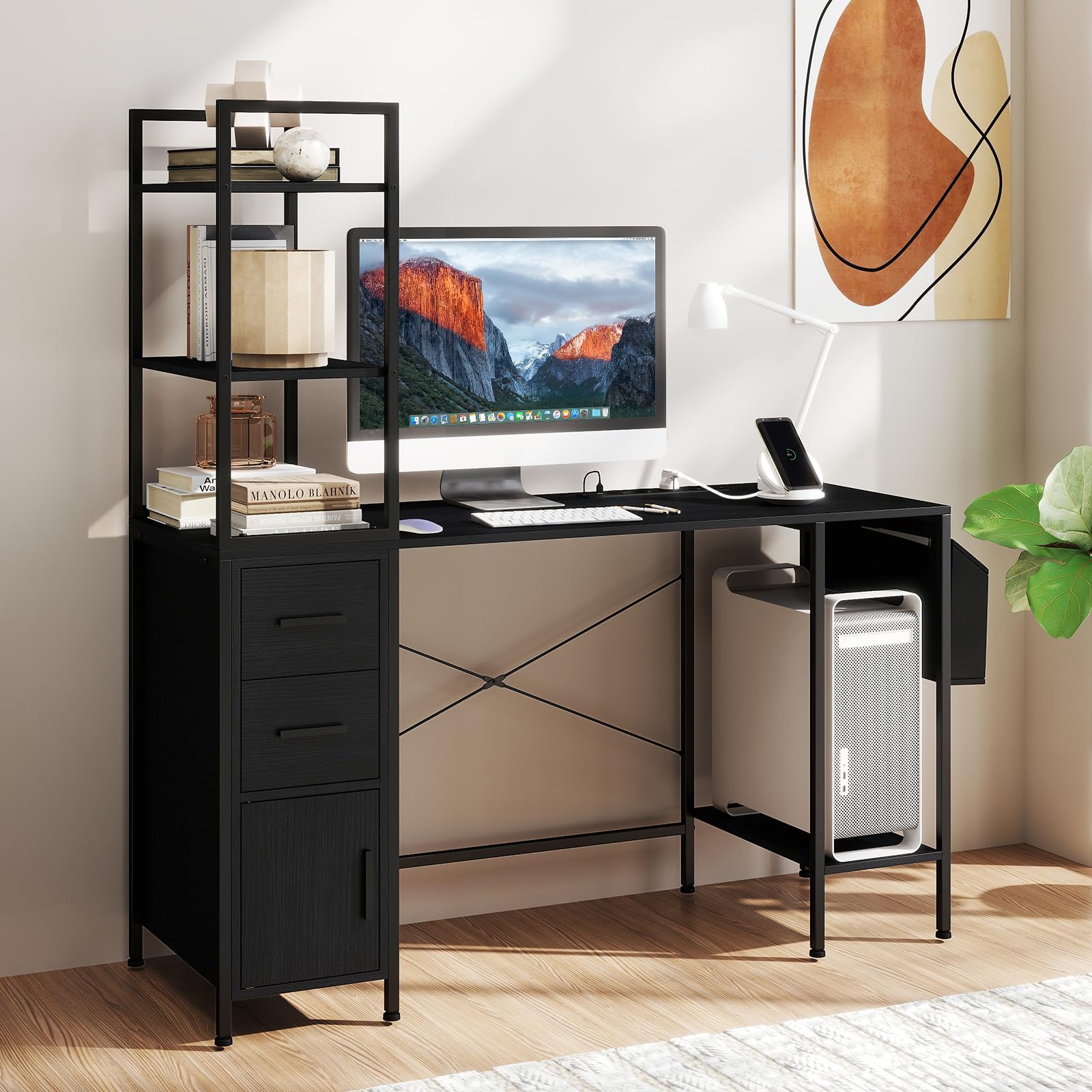 COSTWAY Biurko ze stacją ładującą i oświetleniem LED, biurko komputerowe z otwartymi półkami, 2 szufladami, szafką, podstawką pod CPU i torbą materiałową, biurko gamingowe do domu, biura, czarne