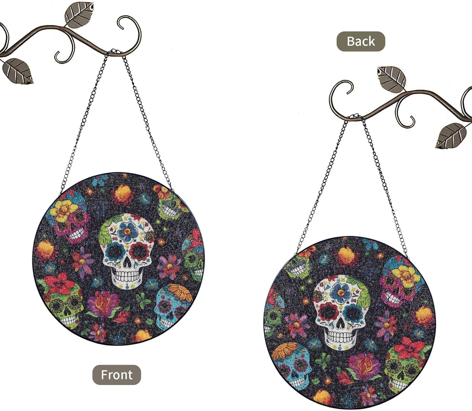 Flower Cactus Sugar Skull Stained Glass Suncatcher for Window Hanging Sun Catcher Ornament for Women Men Suncatcher for Home Decor, 10in（25cm） Round Glass Ornament for Mother's Day Birthday Gift