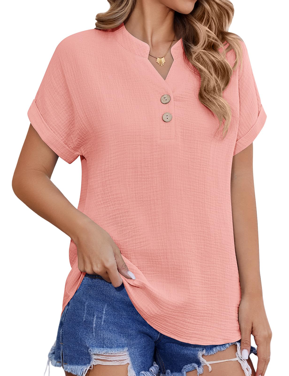CMTOP Bluse Damen Sommer Musselin Blusen Elegant V-Ausschnitt Hemdbluse Kurzarm Hemd Oberteile Baumwolle Blusenshirt Lässiges Lockere Basic Tunika Shirt